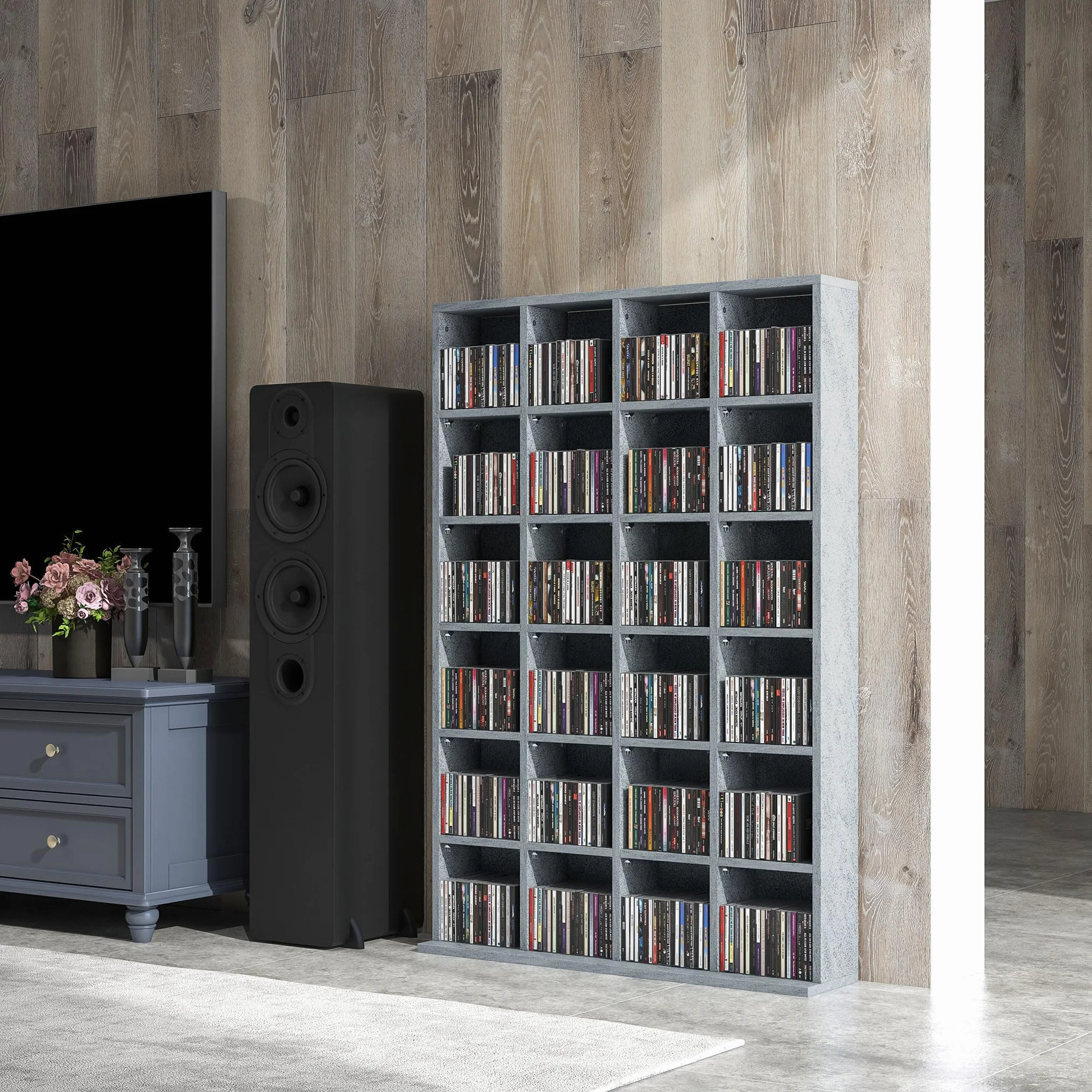 HOMCOM Przechowywanie płyt CD i DVD, nośnik multimedialny z 24 przegródkami, maks. pojemność 480 CD/312 DVD, drewniany regał z regulowanymi półkami, 89 x 20 x 130,5 cm, szary