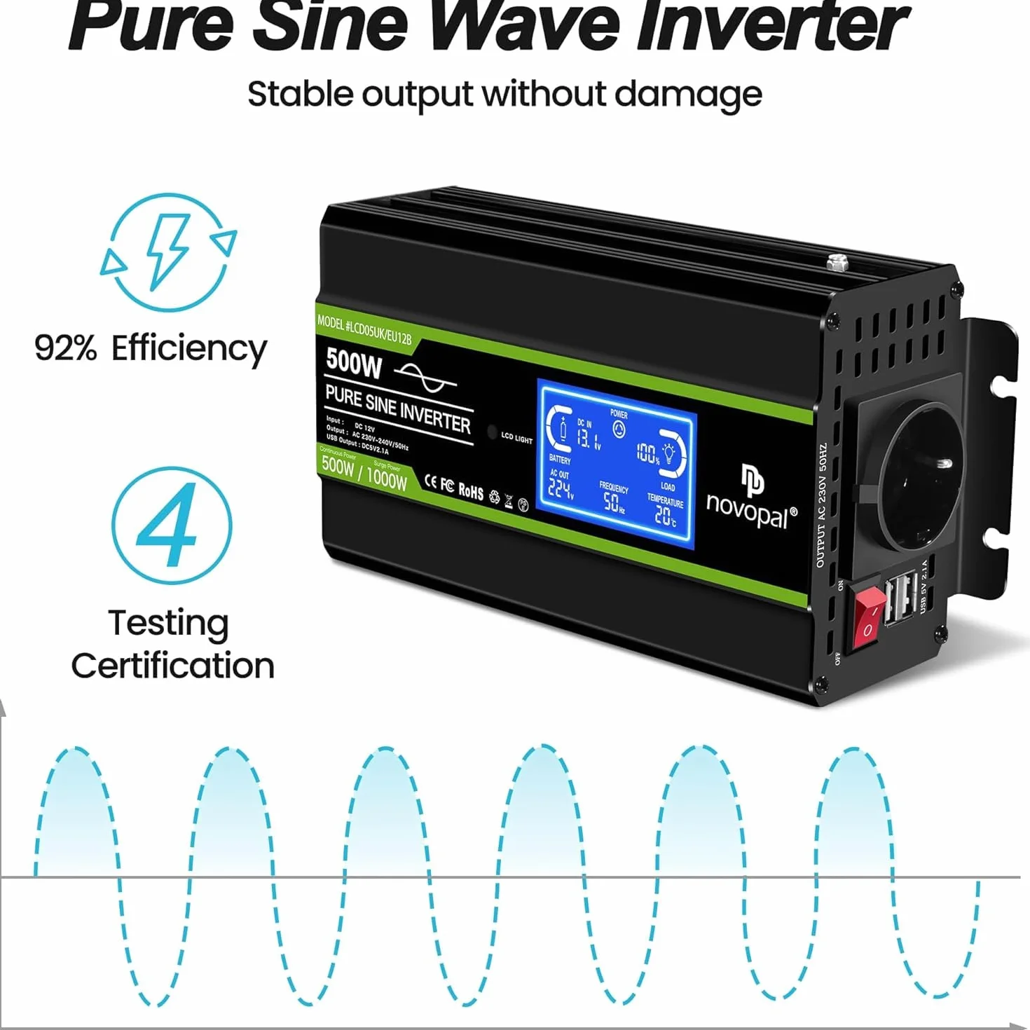 NOVOPAL Falownik 500 W, 12 V na 230 V, 220 V, czysty sinusoidalny przetwornik napięcia | Inteligentny wyświetlacz LCD, wyjście 2 USB, wtyczka UE do samochodów osobowych, przyczep kempingowych, ciężarowych