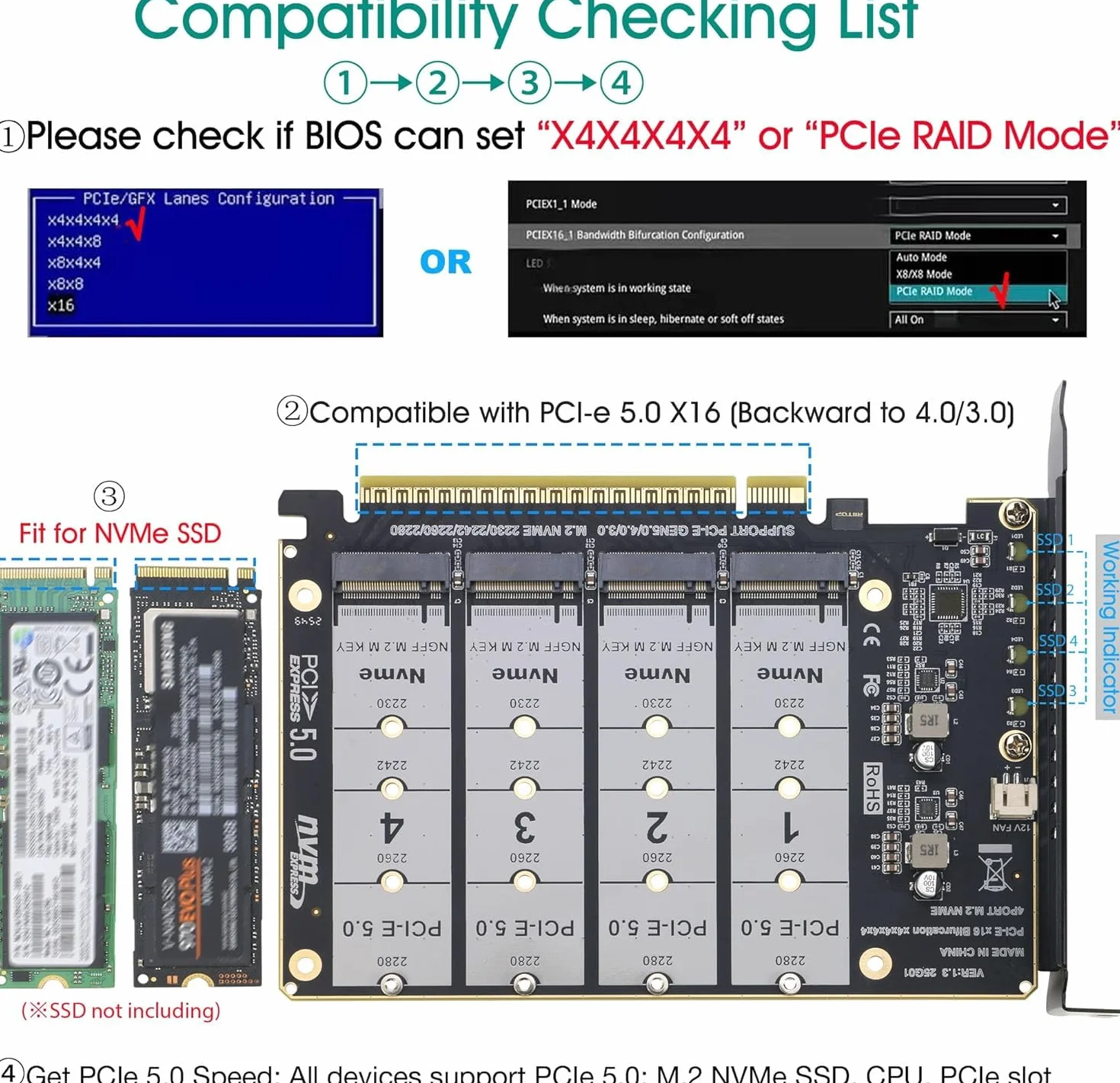 Quad NVMe PCIe 5.0 adapter z wentylatorem, RIITOP PCIe 5.0 x16 do 4X NVMe SSD (kompatybilny z płytami głównymi PCI-e Bifurkation)