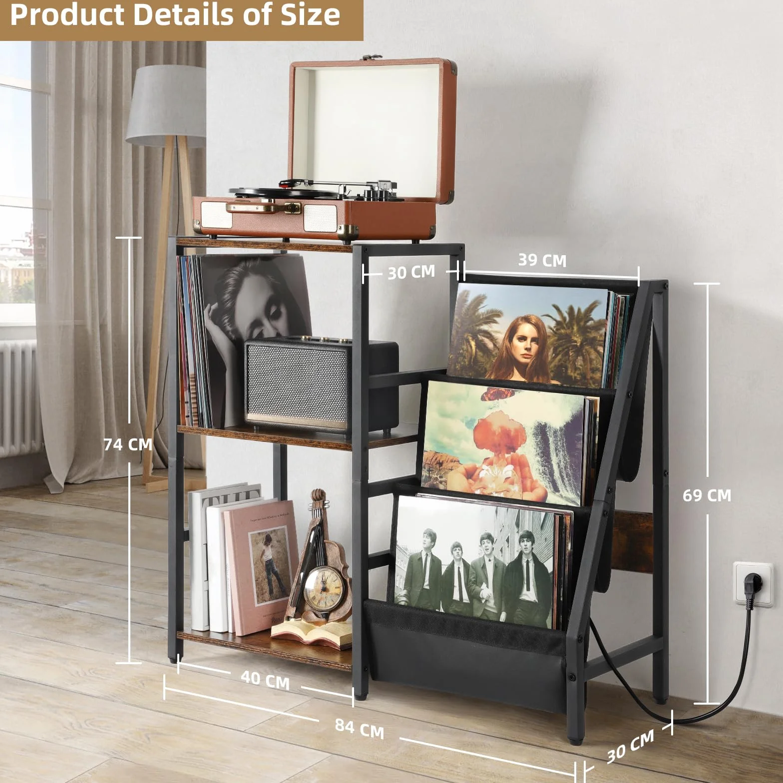 Stojak na Gramofon z Gniazdem Zasilania, Stolik Końcowy z 3-poziomowym Schowkiem na Płyty Winylowe, Stolik na Gramofon do 200 Albumów, Stojak na Płyty Winylowe, Szafka na Płyty Winylowe do Salonu