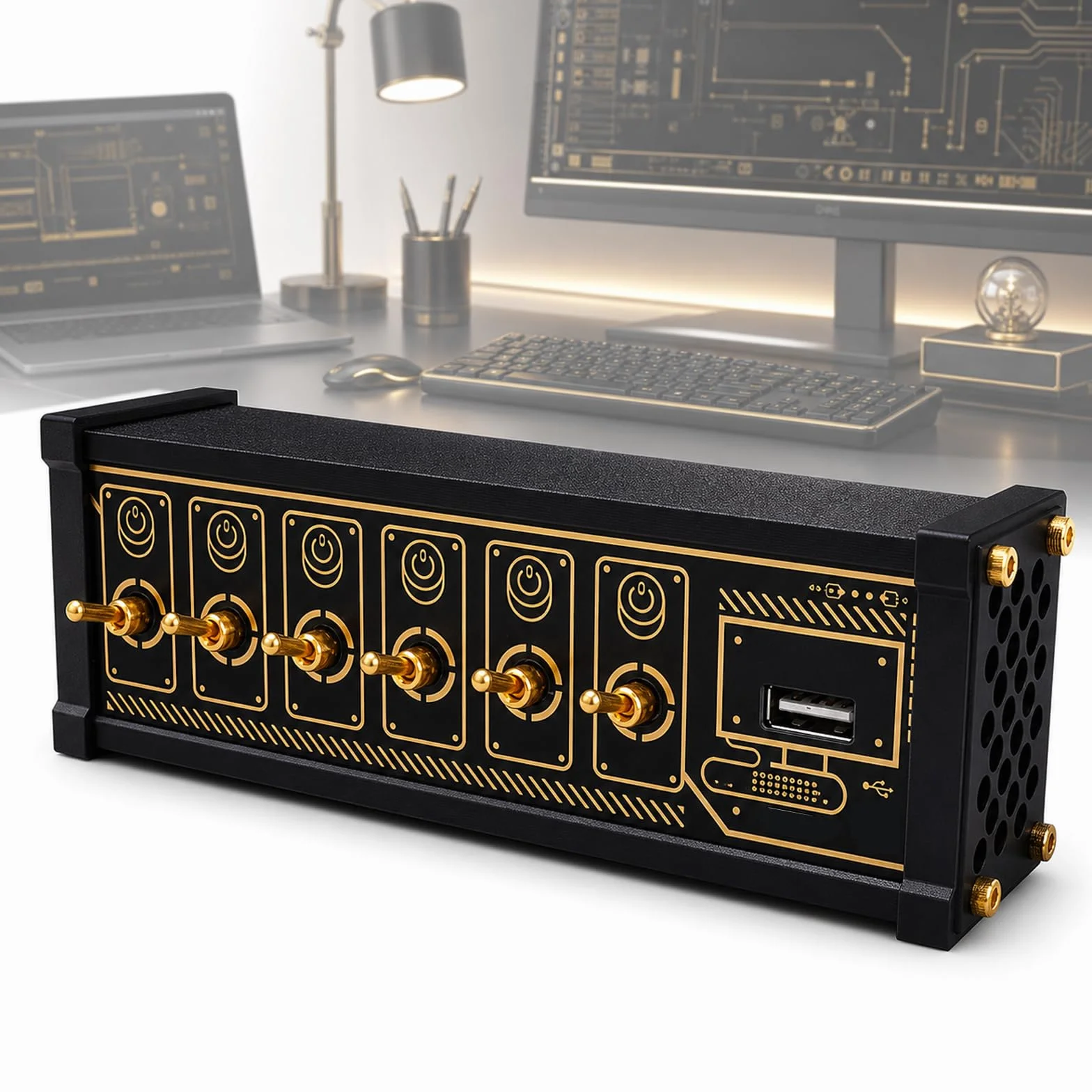 U6 6-portowa stacja dokująca USB, 6-portowy przełącznik USB, niezależne sterowanie, sterowanie głosem ze wskaźnikiem stanu LED, transmisja danych, pozłacane platerowanie retro do smartfonów