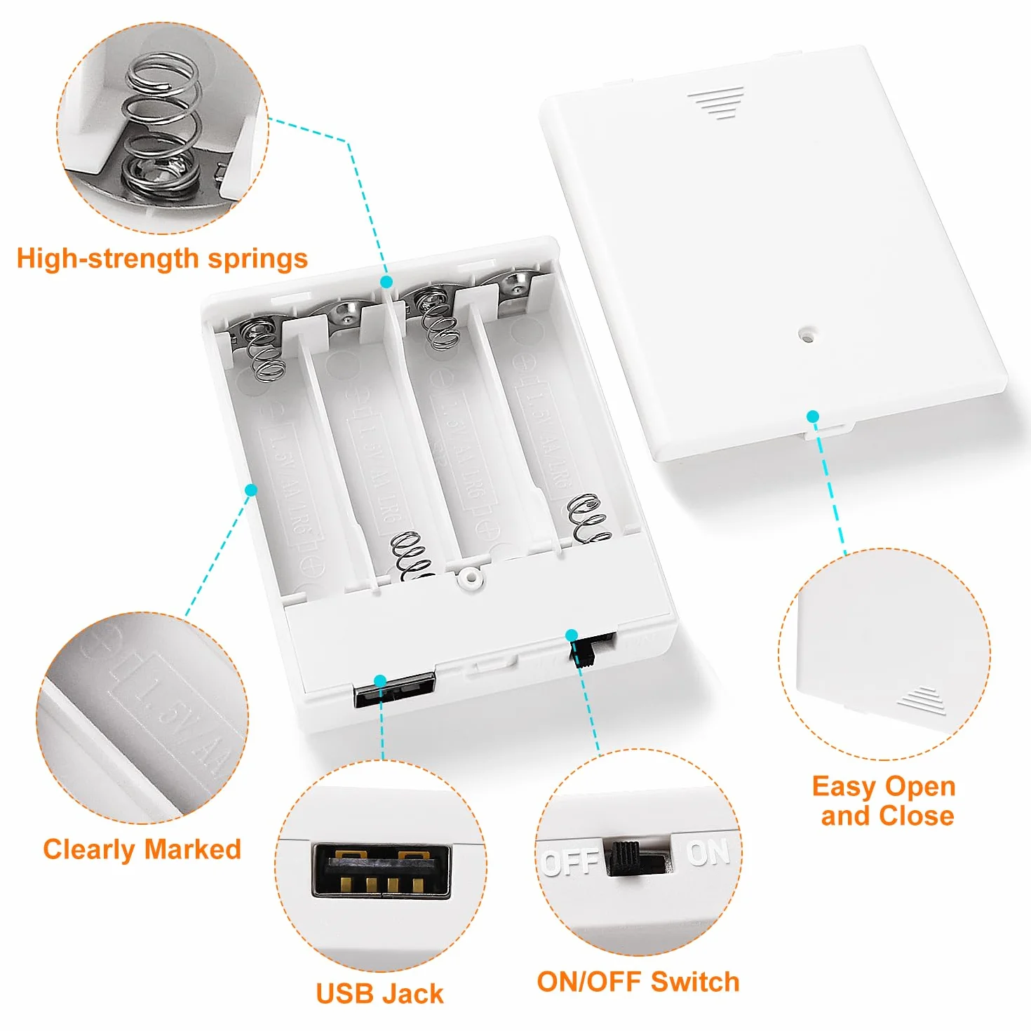 4 Sztuk 4 x 1.5V AA Uchwyty na Baterie, AA 6V Battery Storage Box z Wbudowany Gniazdem Żeńskim USB i Przełącznikiem ON/OFF i Pokrywą, z 2 Sztuk Plastikowym Pojemnikiem na Baterie, Biały