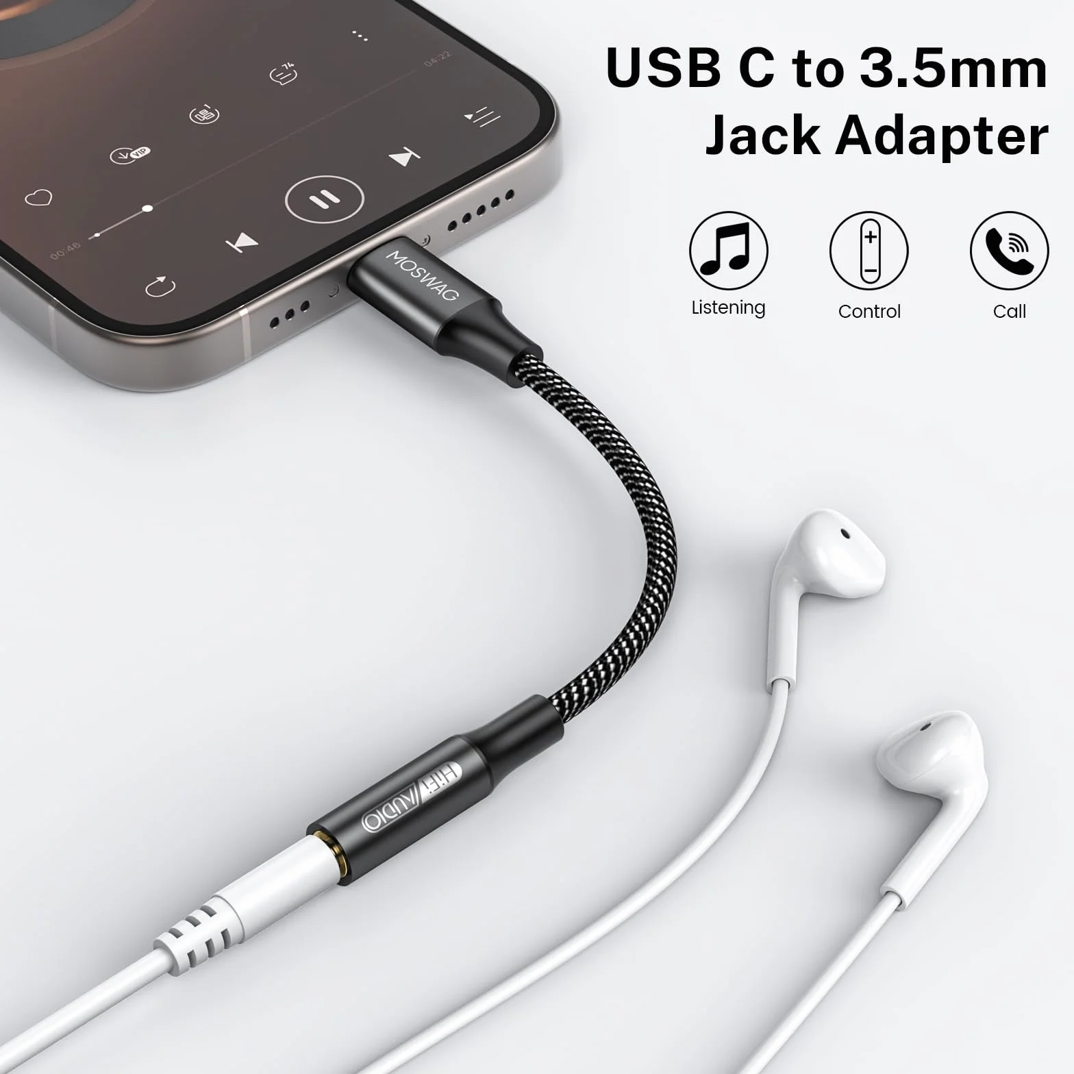 MOSWAG Adapter USB-C na gniazdo słuchawkowe 3,5 mm kabel USB C na Aux do iPhone 16 Pro Max/16 Pro/16 Plus/16/15 Pro/15 Samsung Galaxy S25 S24 S23 S22 S21 S20 Huawei Pixel iPad