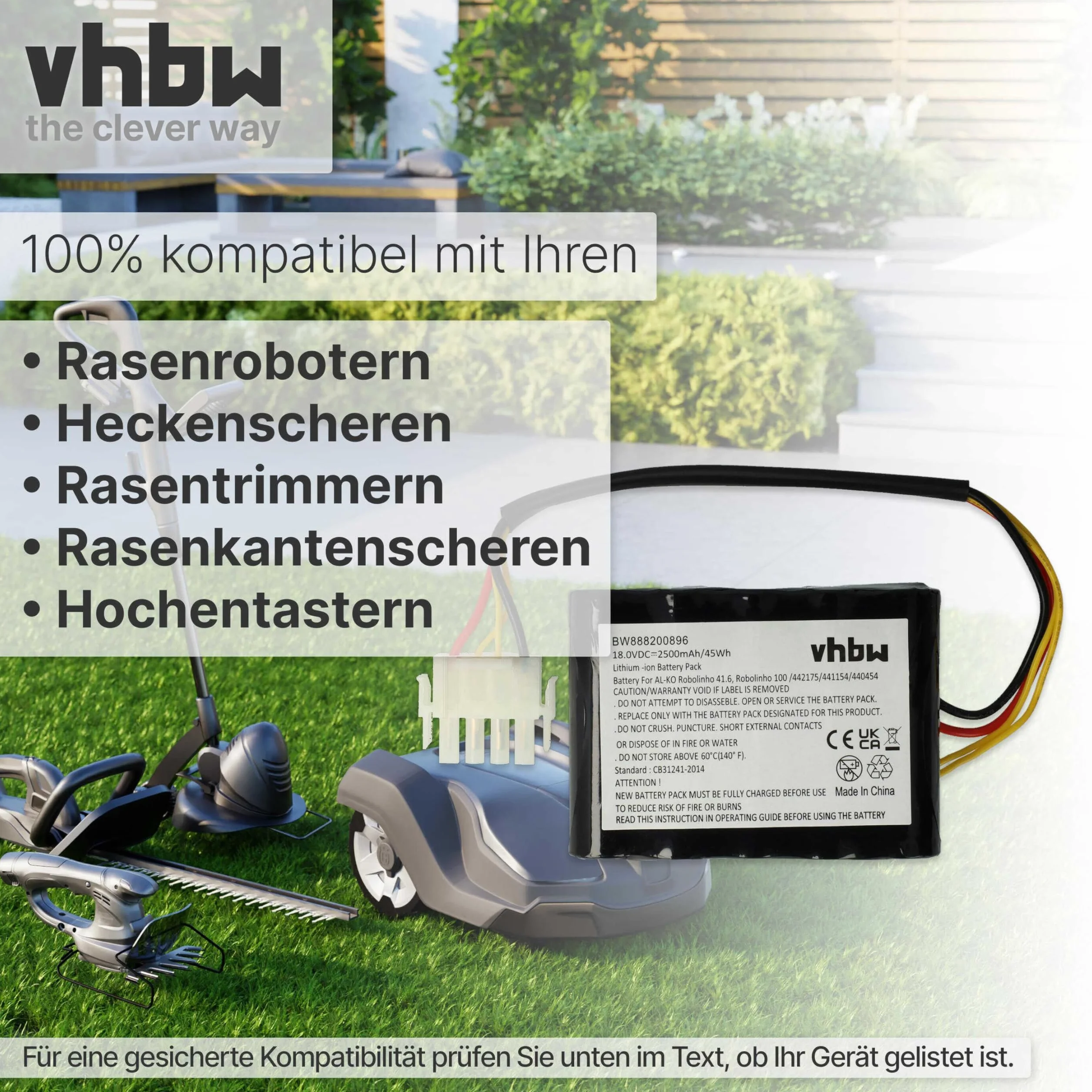 vhbw 1 x akumulator kompatybilny z AL-KO Robolinho 300 E, 450 W, 350 W, 520 W kosiarka do trawy 2500 mAh 18 V litowo-jonowa