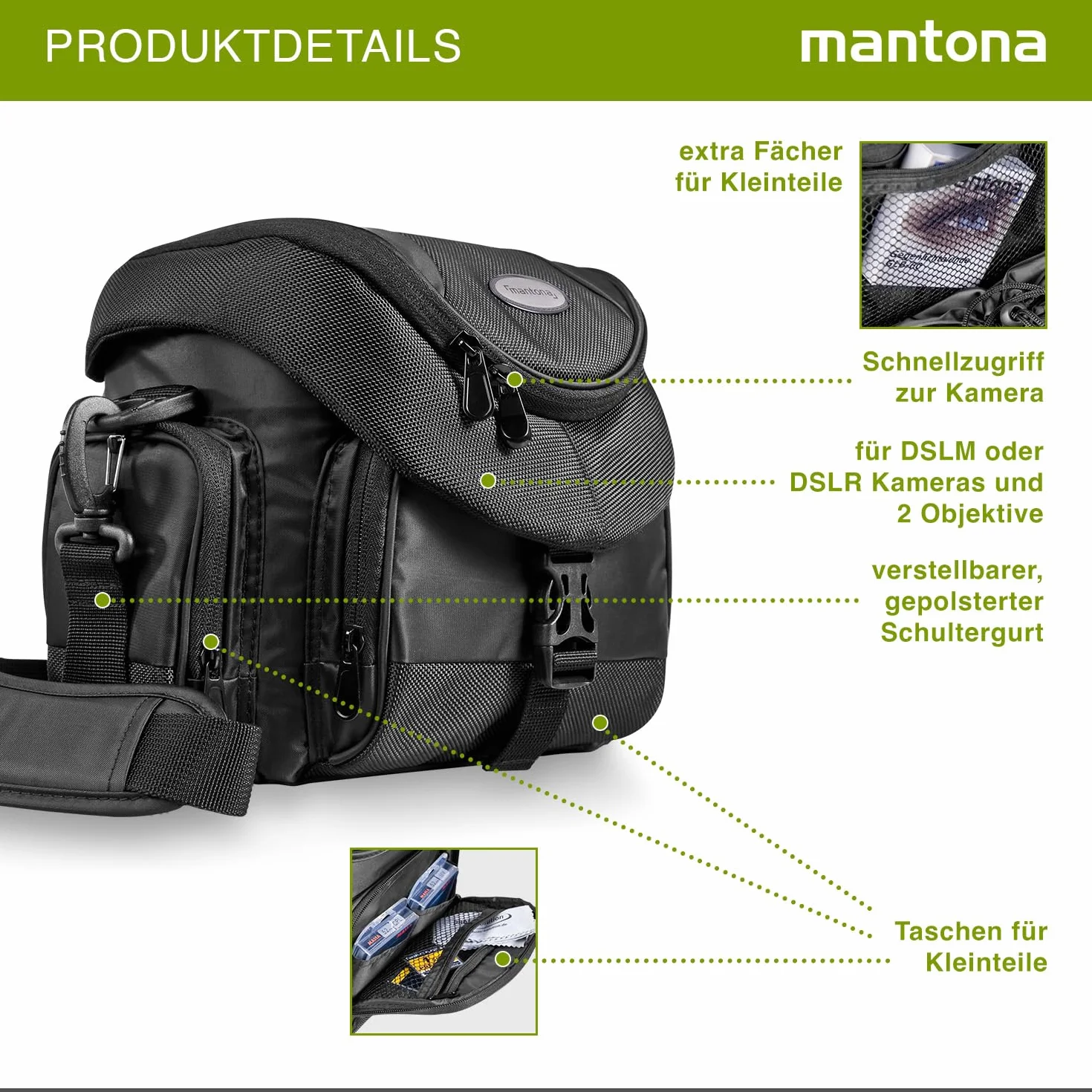 Mantona Torba na aparat Premium – uniwersalna torba z szybkim dostępem, ochrona przed kurzem, paskiem do noszenia i kieszenią na akcesoria, nadaje się do kamer DSLM i DSLR, czarna