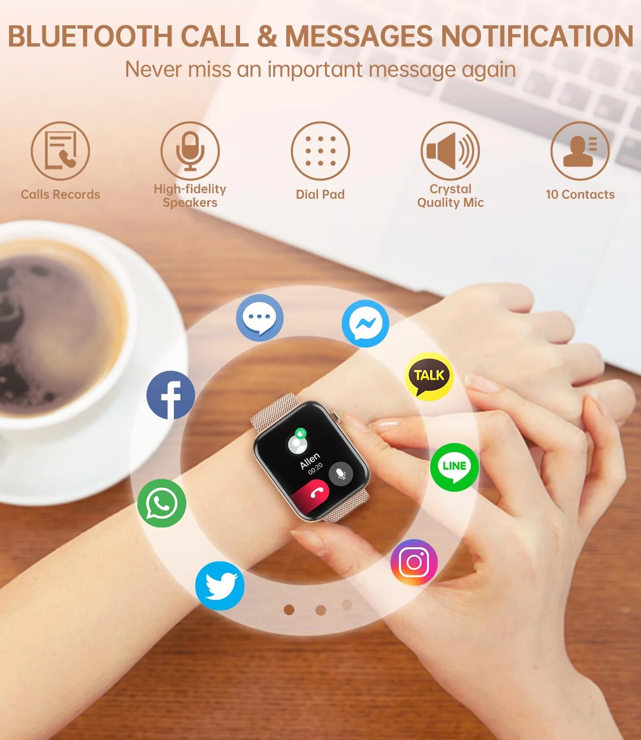 zegarek damski połączony z połączeniami i powiadomieniami, smartwatch damski monitor snu, krokomierz kalorii serca