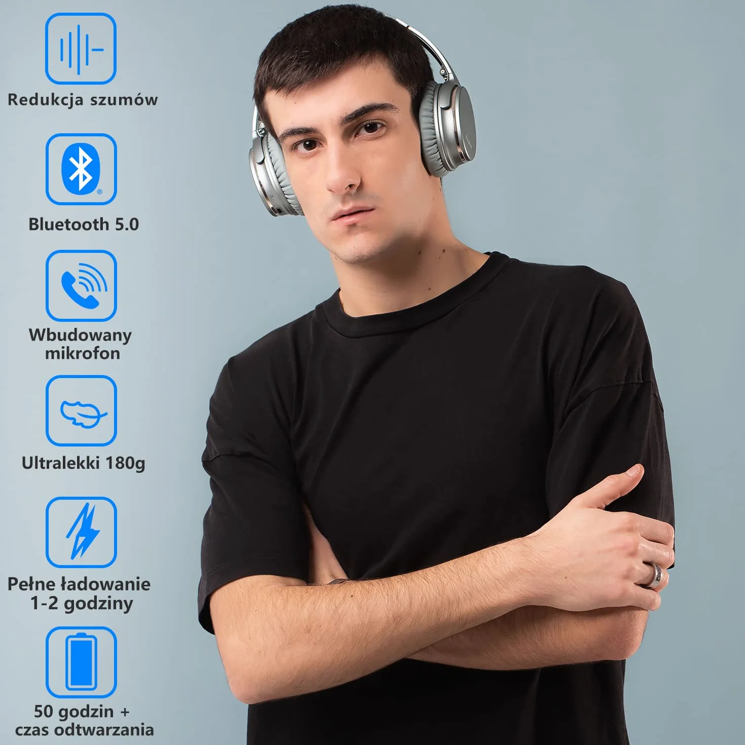 Srhythm NC35 Over-Ear z szybkim ładowaniem USB-C, Hybrid Active Noise Cancelling słuchawki, składane, bezprzewodowe, Bluetooth 5.3, mikrofon, rozmowy głosowe, 50 godz