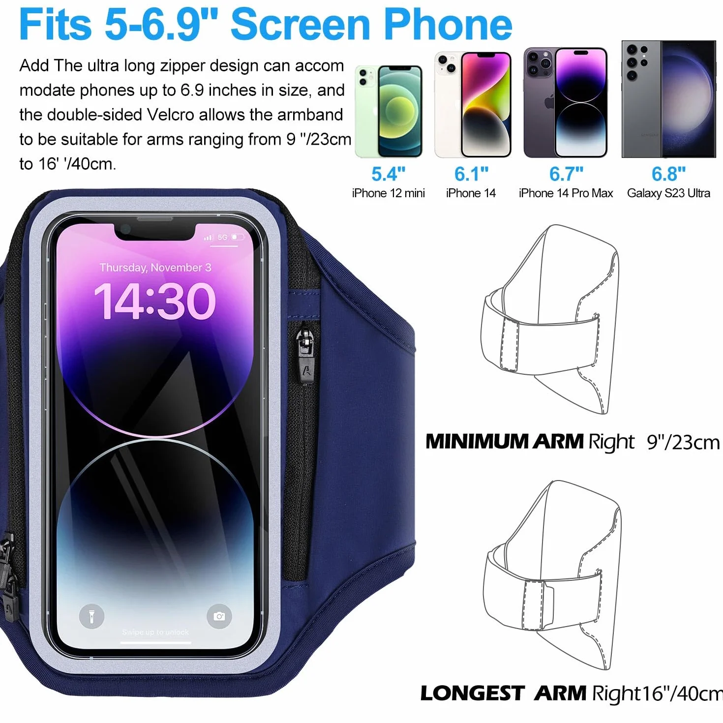 Sportowa bransoletka na telefon komórkowy, poręczna torba na słuchawki, 6,9 cala, etui na ramię do iPhone 16 15 14 13 12 Pro Max Galaxy S20-S24 z kieszenią na klucze na słuchawki do joggingu
