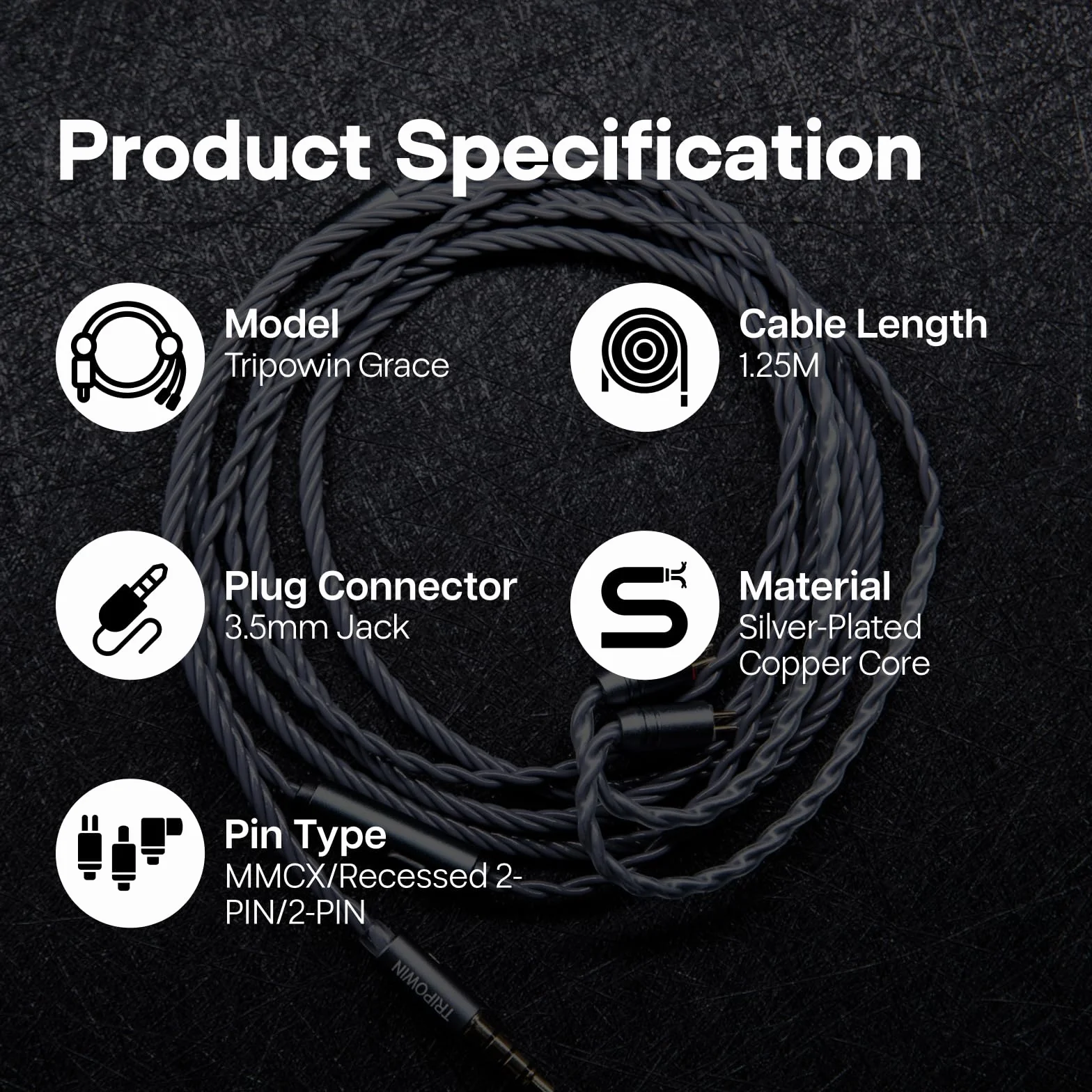 Tripowin Grace Odłączany kabel słuchawkowy OFC z mikrofonem, 0,78 mm, 2-pinowy HiFi, do audiofilów, konstrukcja zapobiegająca plątaniu i inteligentnym sterowaniu (2-pinowy)