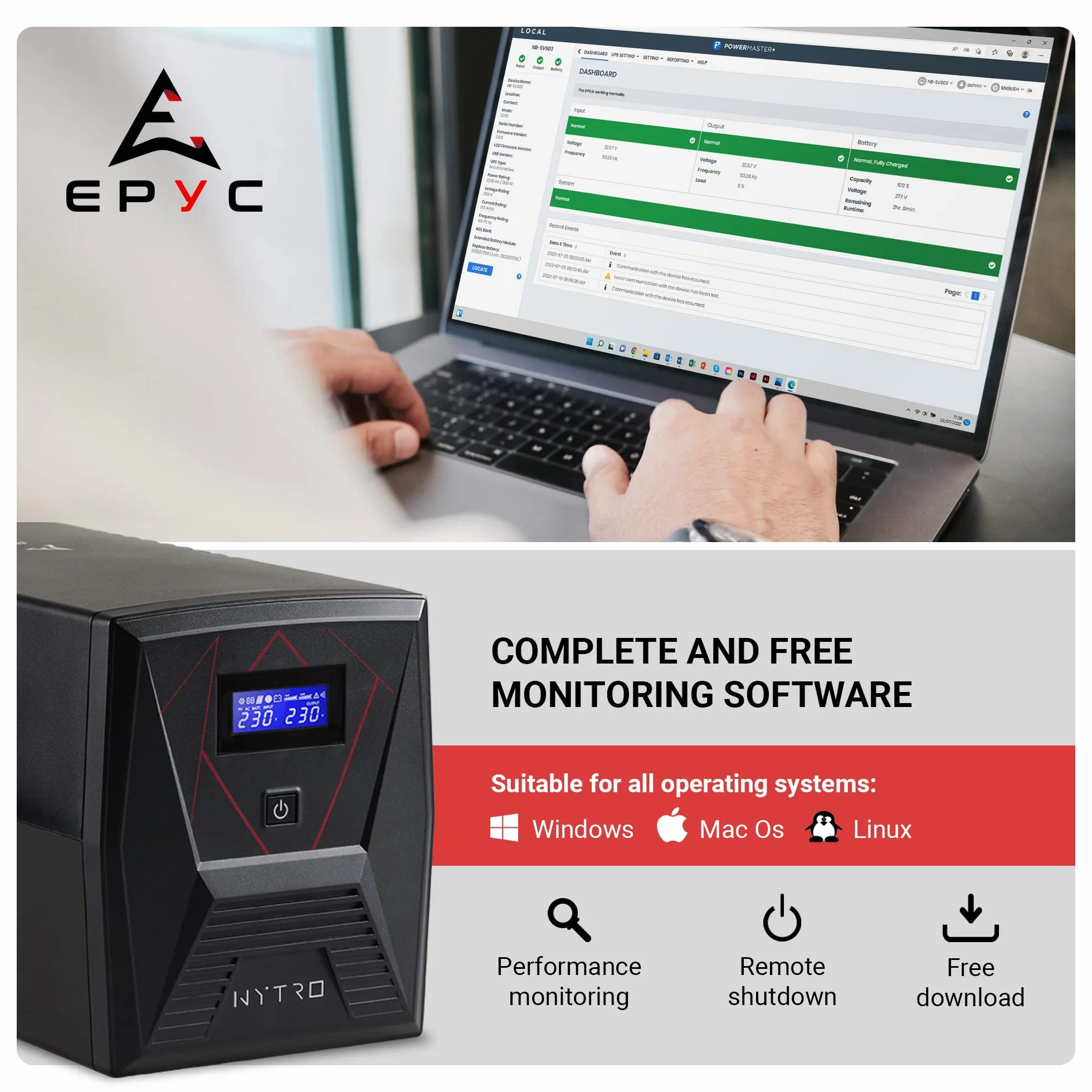 EPYC® NYTRO – UPS Czysta Sinusoida, UPS do Komputerów do Gier, Aktywne Zasilanie PFC, MAC, i Konsol do Gier (PS5, PS4 Pro, XBOX), Moc 1500VA/900Watt, Line Interactive AVR, 5 wyjść (2x Schuko + 3x IEC)