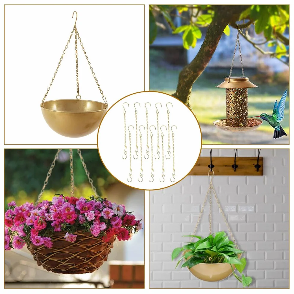 10 metalowych wiszących łańcuchów do kosza, 25 cm, do zawieszenia, z zatrzaskami i haczykami w kształcie litery S, złote, do wiszących doniczek, karmników dla ptaków, latarni, dzwonków