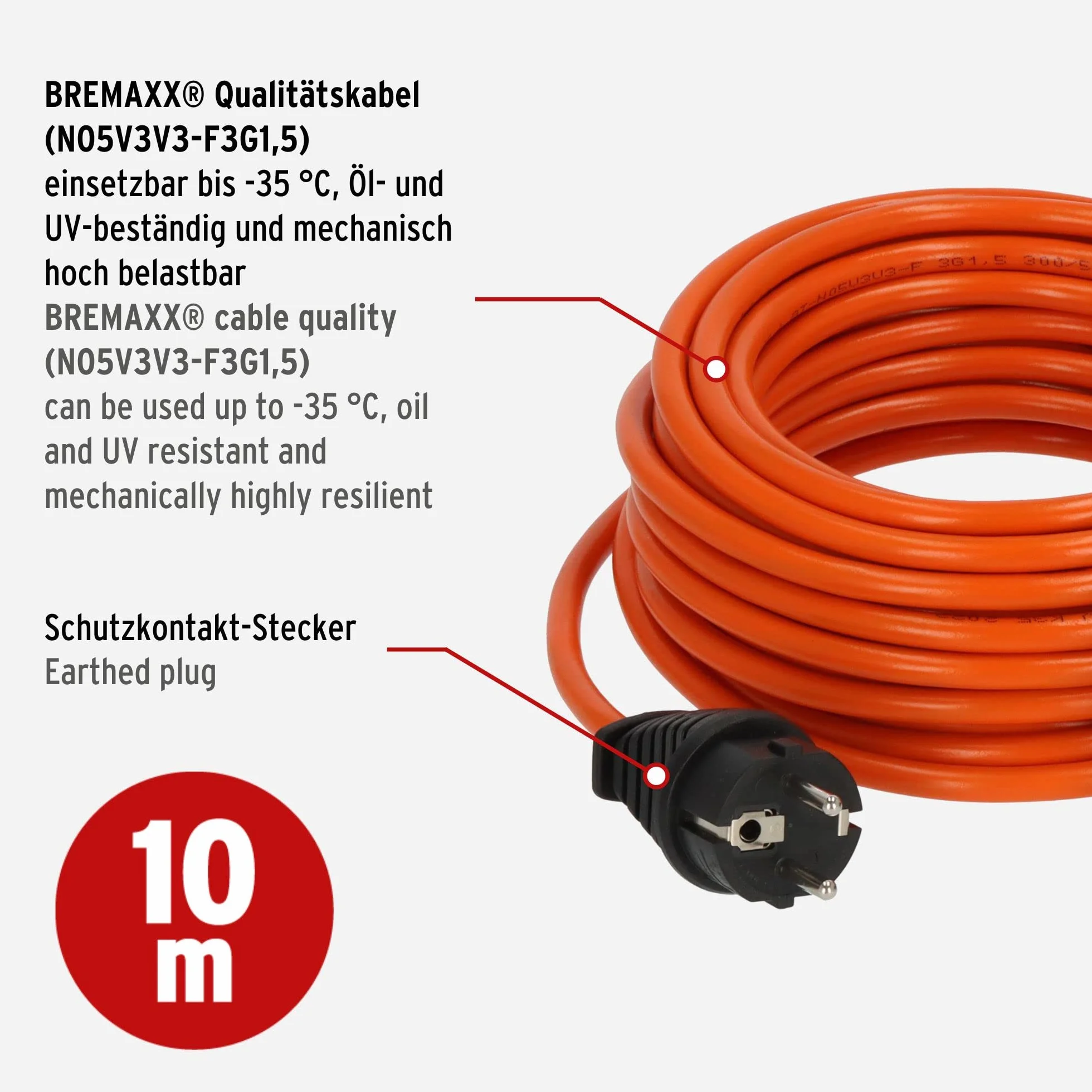 Brennenstuhl Przedłużacz BREMAXX (kabel 10m w kolorze pomarańczowym, do krótkotrwałego użytku na zewnątrz IP44, kabel zasilający do -35°C, odporny na olej i promieniowanie UV, Made in Germay)