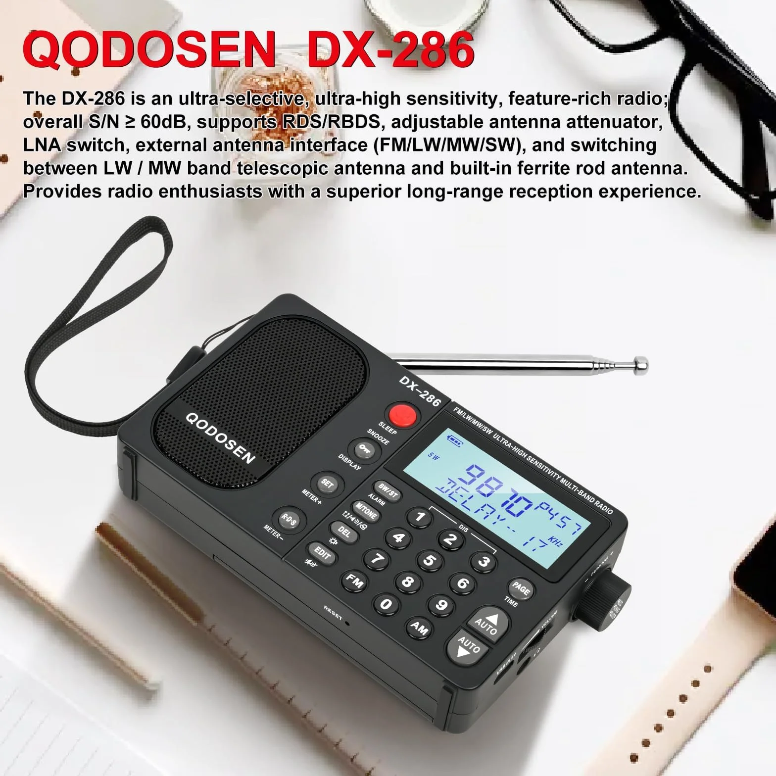 DX-286 Przenośne krótkofalowe radio FM Stereo/AM/LW/SW, pełnozakresowe radio o bardzo wysokiej czułości z chipem TEF6686, wyświetlacz LCD budzik RDS i akumulator 18650 (czarny)