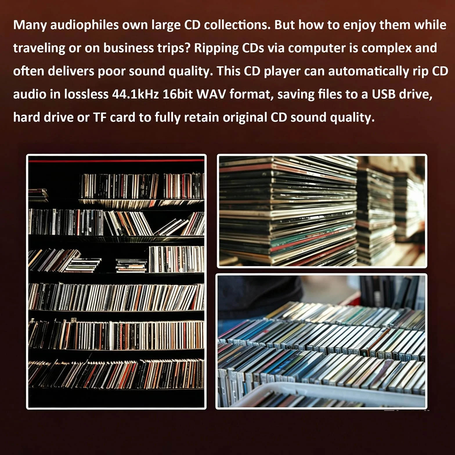 Przenośny odtwarzacz do zgrywania płyt CD, Automatyczny Digitizer Audio CD do bezstratnych plików Wav, z napędem flash USB do kolekcji muzyki domowej i tworzenia kopii zapasowych audio