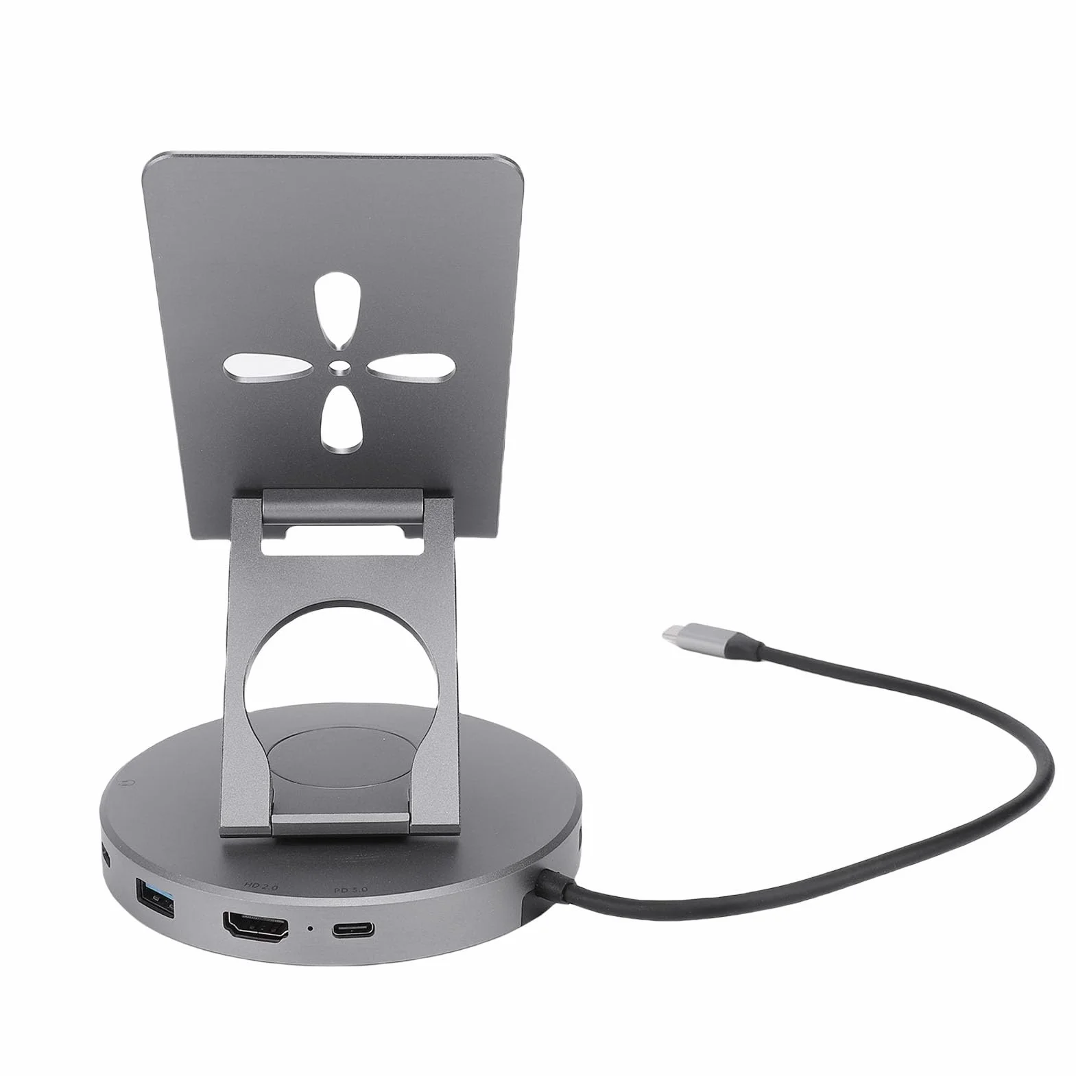 PUSOKEI Stojak na Tablet 10 W 1 ze Stopu Aluminium |Stacja Dokująca USB C z możliwością Obrotu o 360° Czytnik Kart PD o Mocy 100 W, Gniazdo 3,5 Mm, USB 3.0