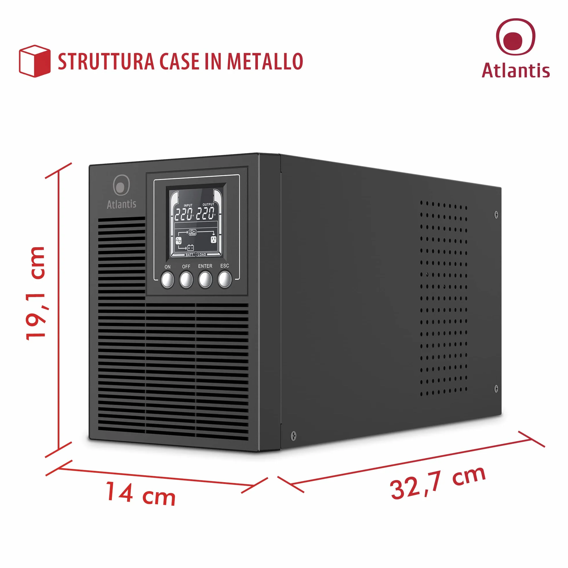Atlantis A03-OP1002 UPS OnLine zasilacz awaryjny z podwójną konwersją czystej fali sinusoidalnej 1000 VA 900 W, Tower, wyświetlacz LCD, USB, szeregowy RS-232, 4 wyjścia IEC, port EPO, gniazdo SNMP, 2
