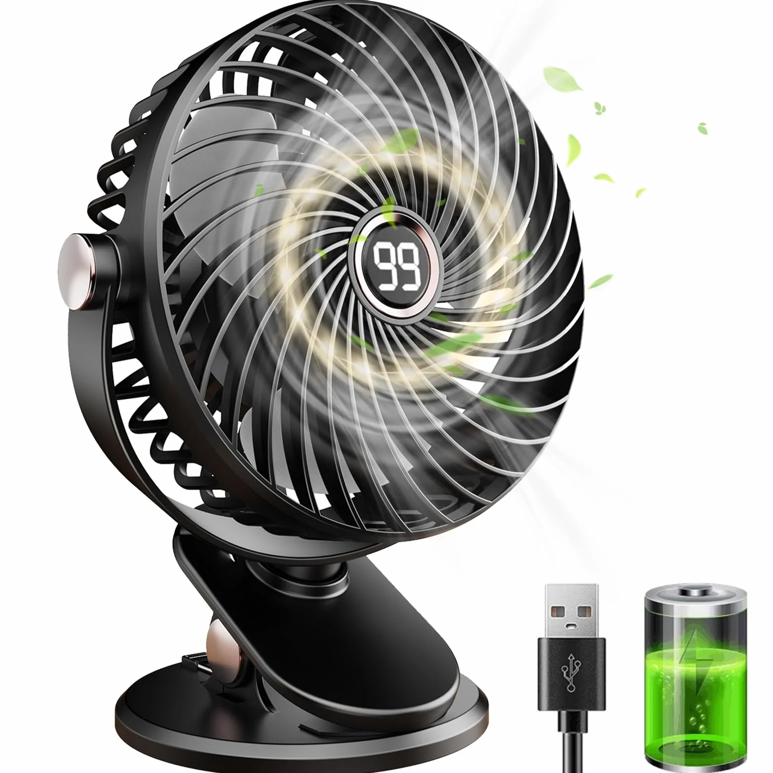 Wentylator stołowy USB, wentylator USB z wyświetlaczem LCD, mini wentylator z 5 regulowanymi prędkościami, cichy wentylator z regulacją 720°, przenośny wentylator do biura, domu, podróży (czarny)