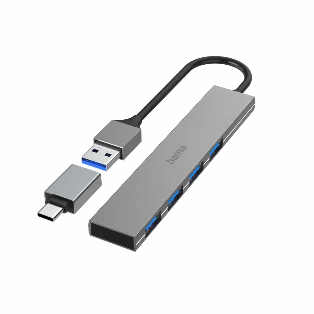 Hama hub USB A (4x USB-A, adapter USB C, USB 3.2, PD, power delivery, 5 Gbit/s, 100 W, ultra slim, stacja portów, rozdzielacz, multiport) antracyt