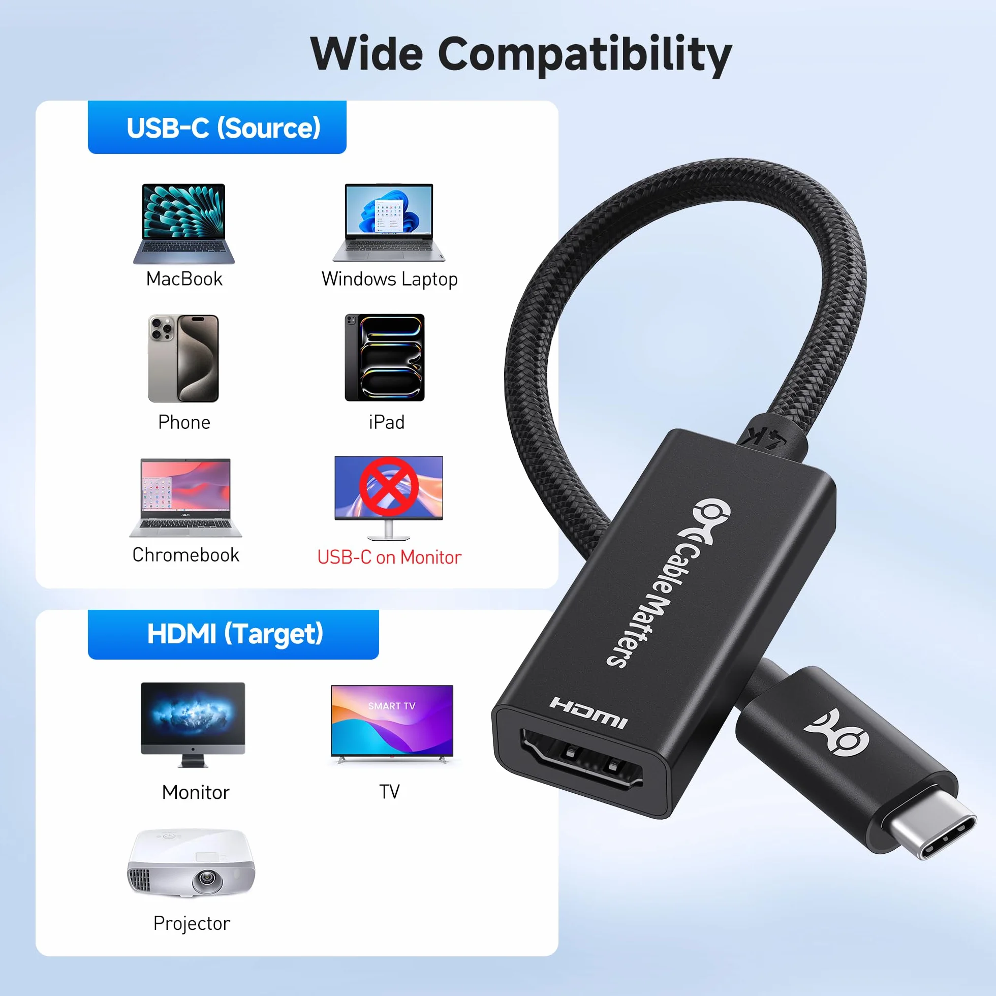 Cable Matters aluminiowy adapter USB C do HDMI, 4K@60Hz, 1440p@144Hz, HDR, przejściówka USB Type-C/USB4/Thunderbolt do HDMI, kompatybilny z iPhone 17/16, MacBook, tablet, TV i monitor