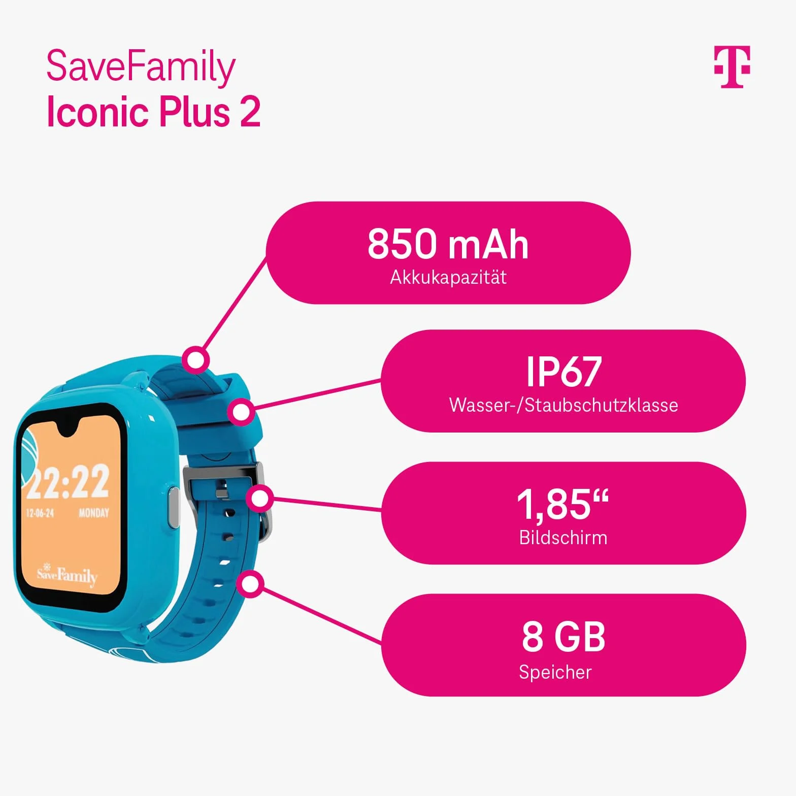 SaveFamily Iconic Plus 2.0 smartwatch dla dzieci, GPS i funkcja telefonu, ochrona danych i aplikacja dla rodziców, długi czas pracy baterii, SOS, wodoszczelny, voucher Amazon po rejestracji (sportowy)