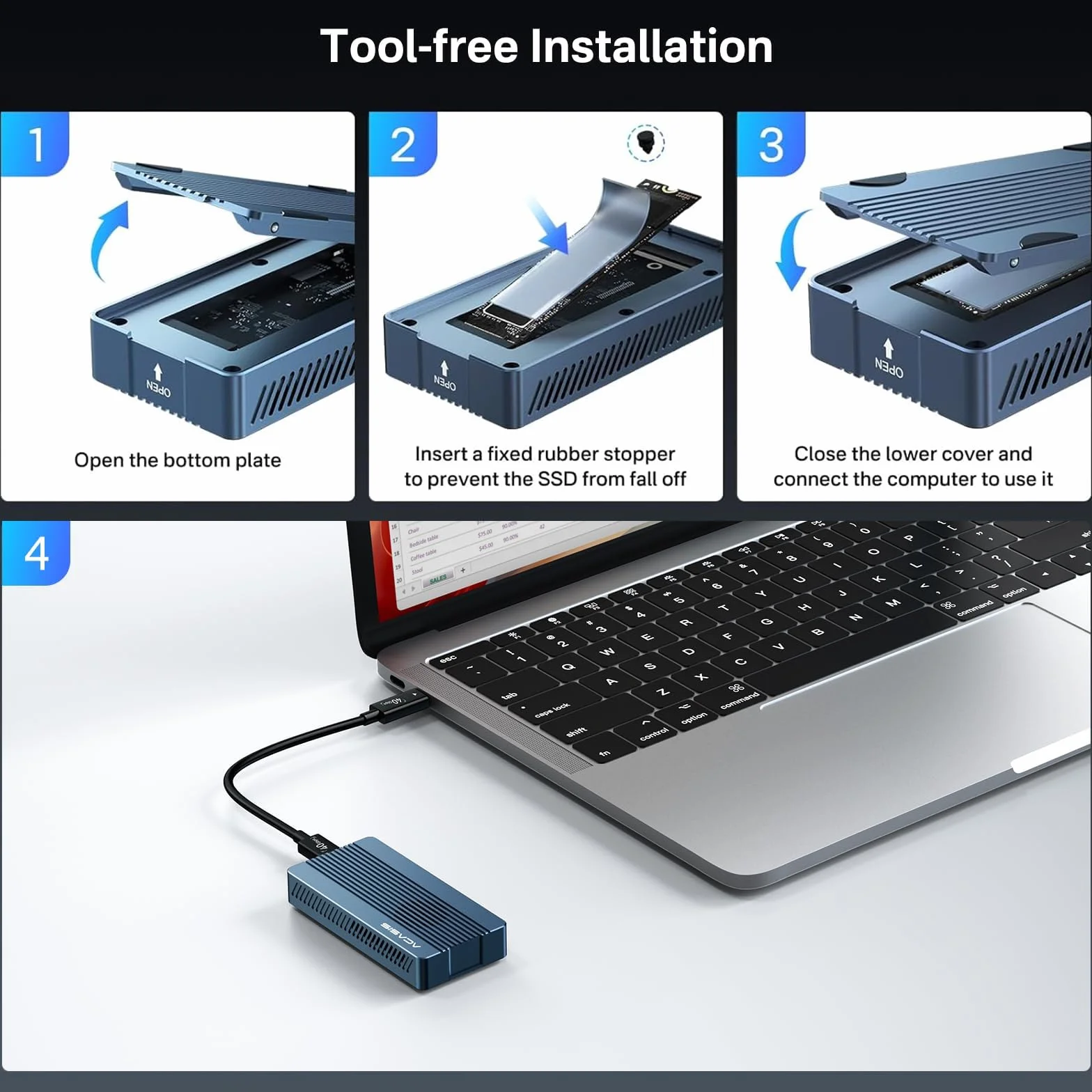 ACASIS Obudowa SSD M.2 NVMe 40 Gbps z wbudowanym wentylatorem, instalacja bez użycia narzędzi do M1 M2 Pro/Max, kompatybilna z USB4/3.2/3.1/3.0/2.0, obsługuje SSD rozmiar 2280 B+M M-Key(405Pro)