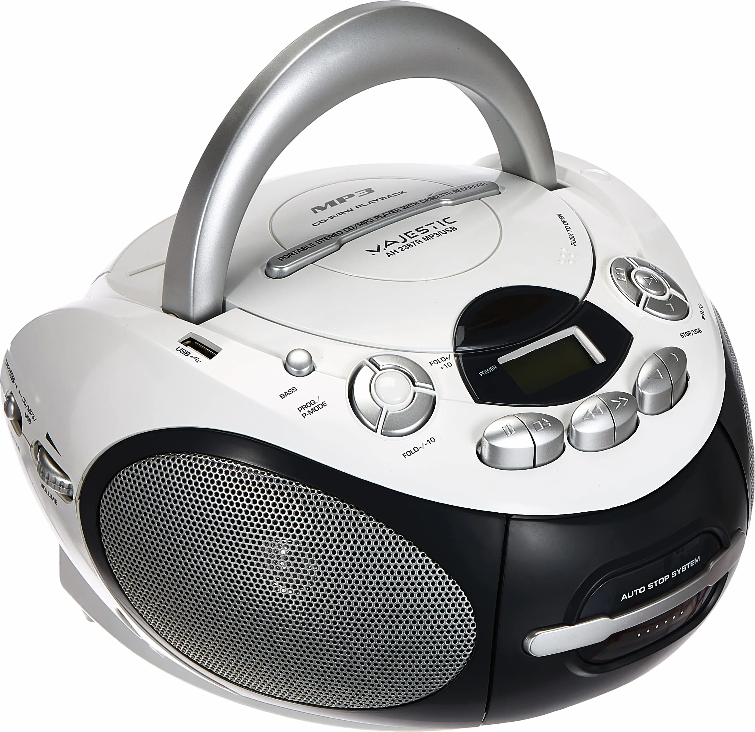 Majestic AH 2387R MP3 USB przenośny boombox z odtwarzaczem CD/MP3, wejściem USB, magnetofonem, gniazdem słuchawkowym, bez funkcji radia, biały
