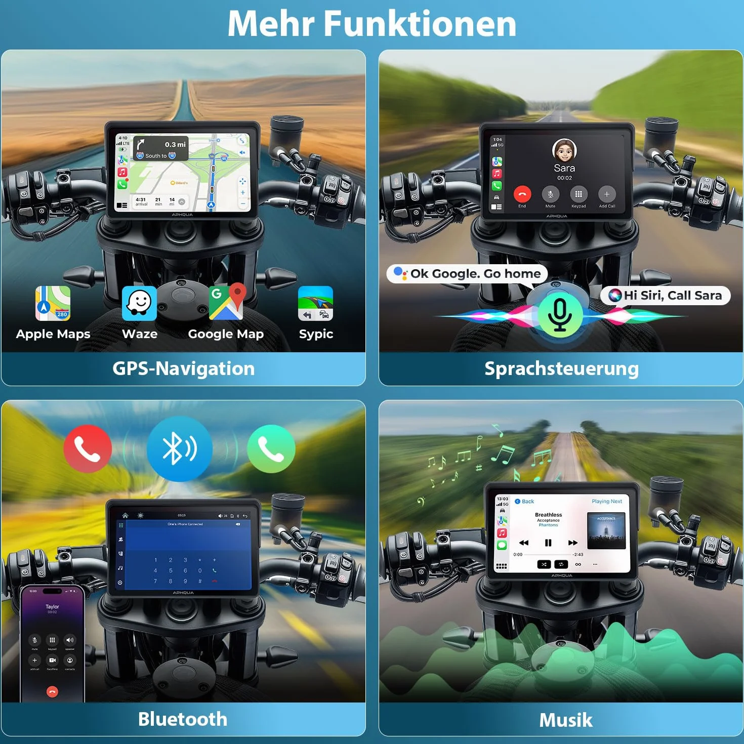Ekran motocyklowy 7" CarPlay i Android Auto bezprzewodowy – wodoodporny ekran dotykowy IP67 do motocykli z nawigacją GPS, Bluetooth Trans, Siri, zestaw głośnomówiący – Model A722