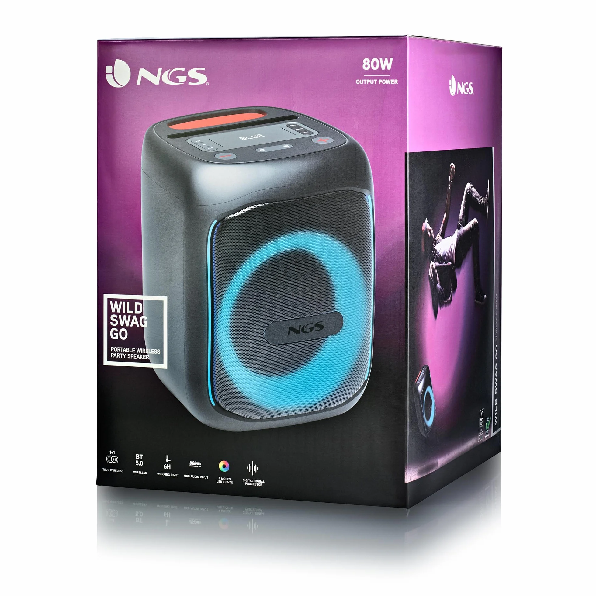 NGS Wild Swag Go przenośny głośnik, kompatybilny z technologią Bluetooth 5.0, True Wireless Stereo, diody LED i ekran, wejście USB, TF i Aux-Audio, 24 x 23 x 30 cm, 80 W, kolor