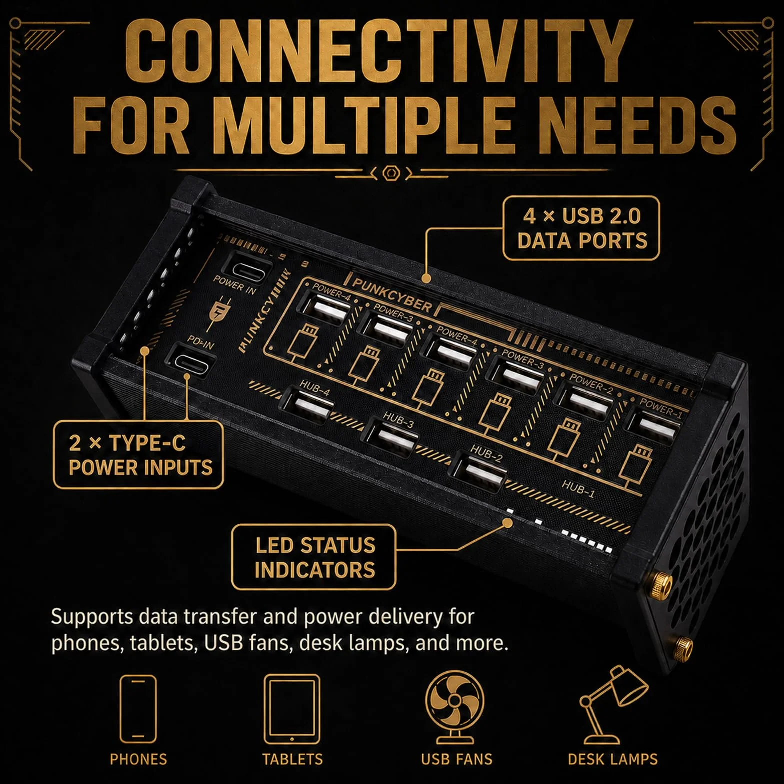 U6 6-portowa stacja dokująca USB, 6-portowy przełącznik USB, niezależne sterowanie, sterowanie głosem ze wskaźnikiem stanu LED, transmisja danych, pozłacane platerowanie retro do smartfonów
