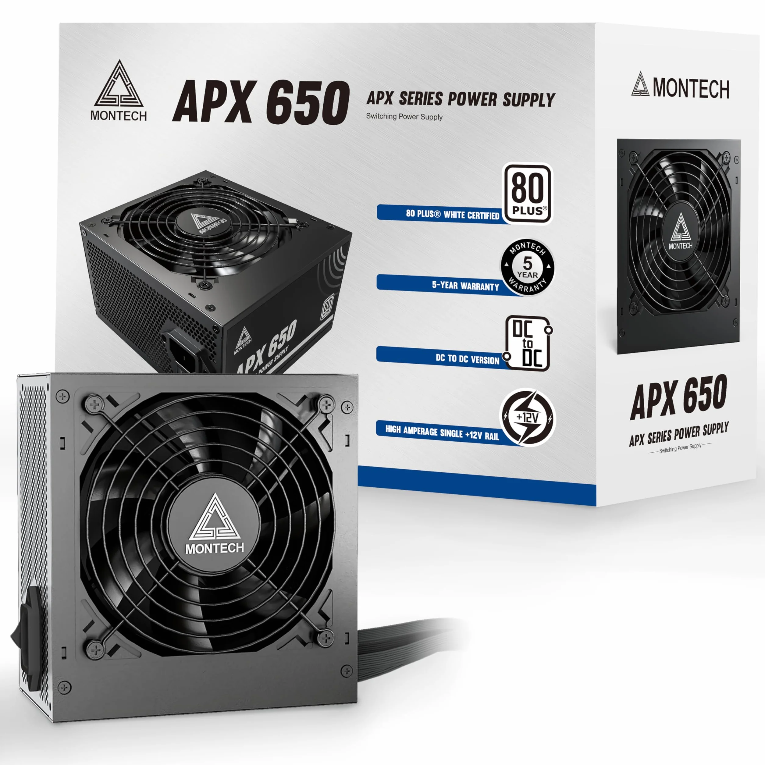 MONTECH APX 650W-zasilacz niemodułowy, 80 Plus, technologia konwertera Intel ATX12V-DC na DC, konstrukcja kabla płaskiego dla poprawy wydajności cieplnej, wentylator 120 mm,