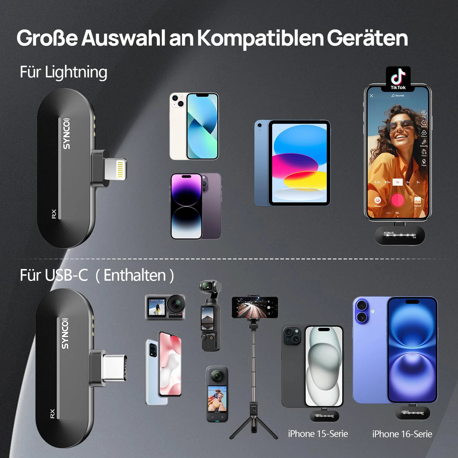 SYNCO Bezprzewodowy mikrofon krawat typu C, P1ST Bezprzewodowy mikrofon 2,4 GHz z etui ładującym do telefonów i tabletów USB C, mikrofon-krawat-bez smartfona