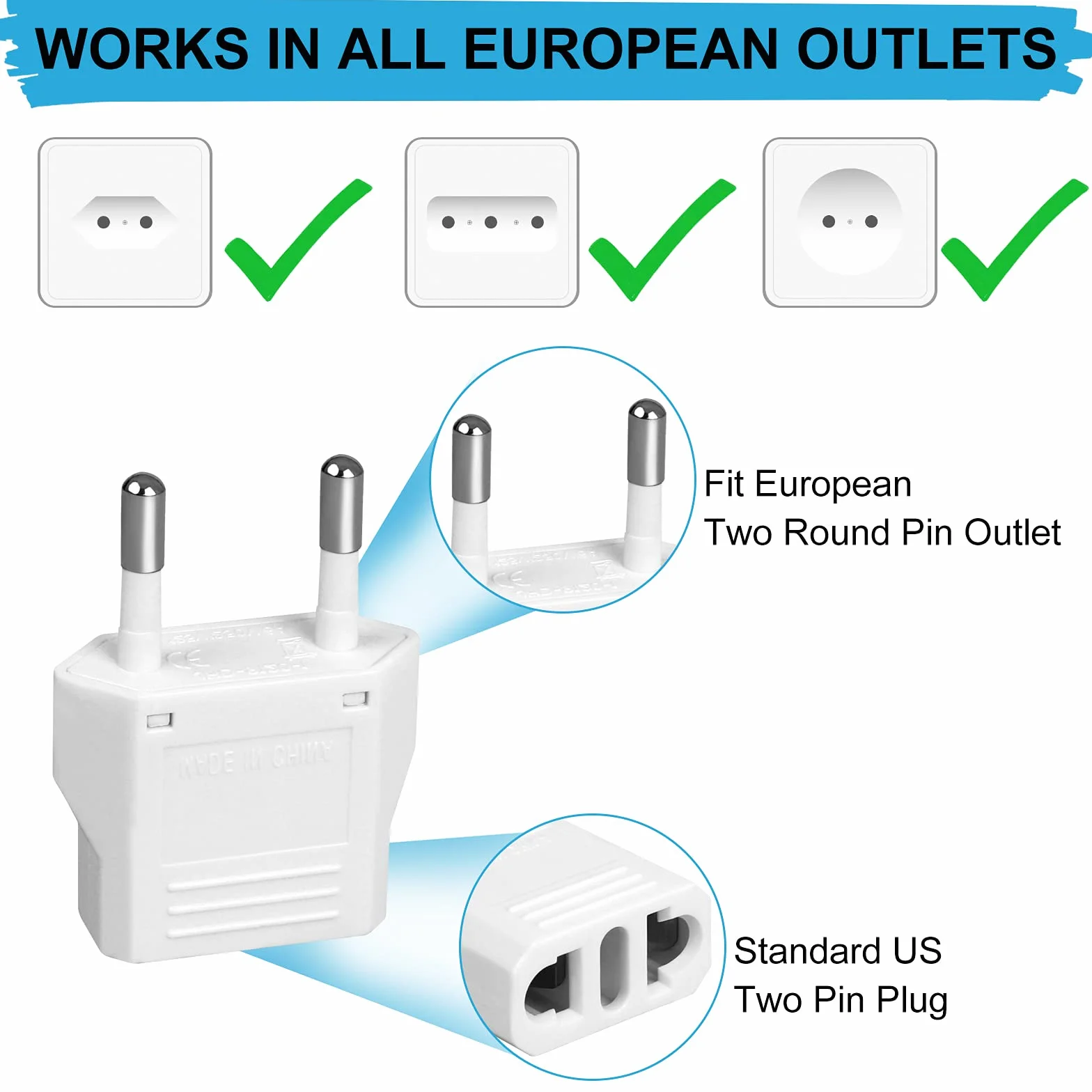 6 Pack US to Europe Plug Adapter - Type C European Travel Adapter, Wall Plug Power Converter for Europe (White)