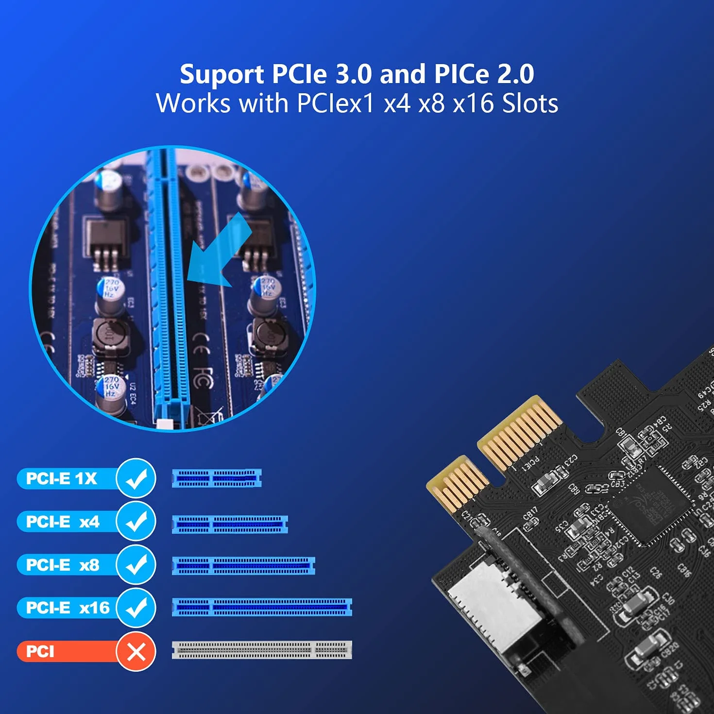 karta rozszerzeń PCIe x 1 do 19-pinowego złącza usb 3.0, adapter do panelu frontowego z 2 portami USB (A i C), 5 Gbps