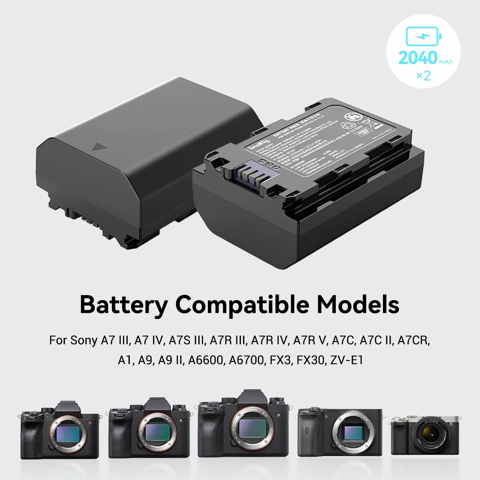 SMALLRIG NP-FZ100 (2 sztuki) Camera Battery Charger Set dla Sony A7 IV, A7R V, A7S III, Double Slot NP-FZ100 Ładowarka dla A7R IV, A7R III, A7 III, A7C, FX3, FX30, A6600, A6700, ZV-E1, A1, A9-3824B