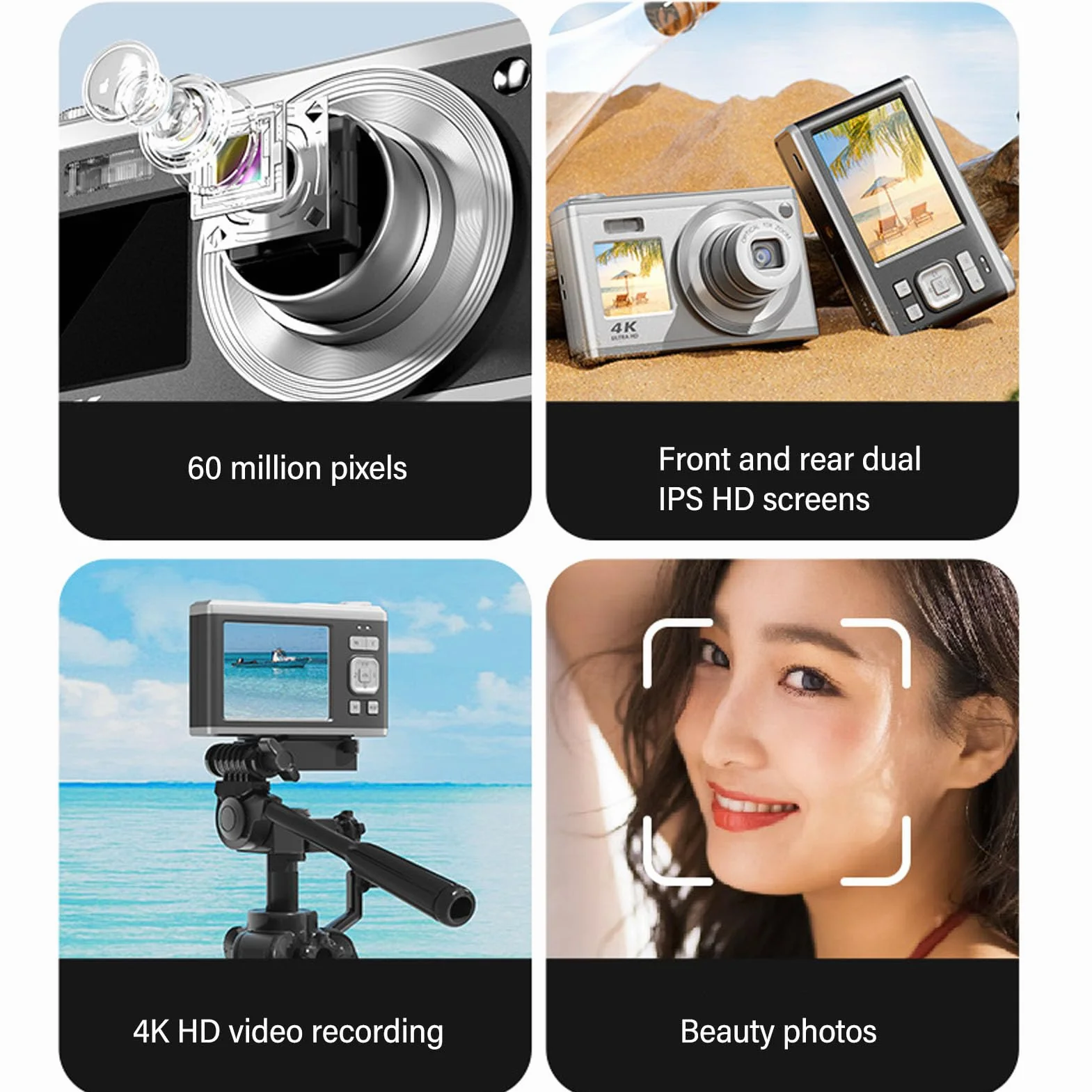 Aparat Cyfrowy 60 MP 4K, Kamera do Vlogowania z Podwójnym Ekranem IPS HD z Przodu i z Tyłu, Kompaktowy Przenośny Mini Aparat Cyfrowy, 10-krotny Zoom Optyczny, Wbudowane światło