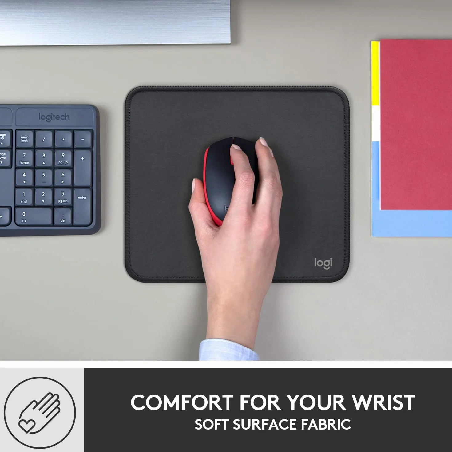 Logitech Mouse Pad - Studio Series, Podkładka pod myszkę komputerową z antypoślizgowym, gumowym spodem, odporną na zalanie powierzchnią, trwała, przenośna, nowoczesny design - Szary