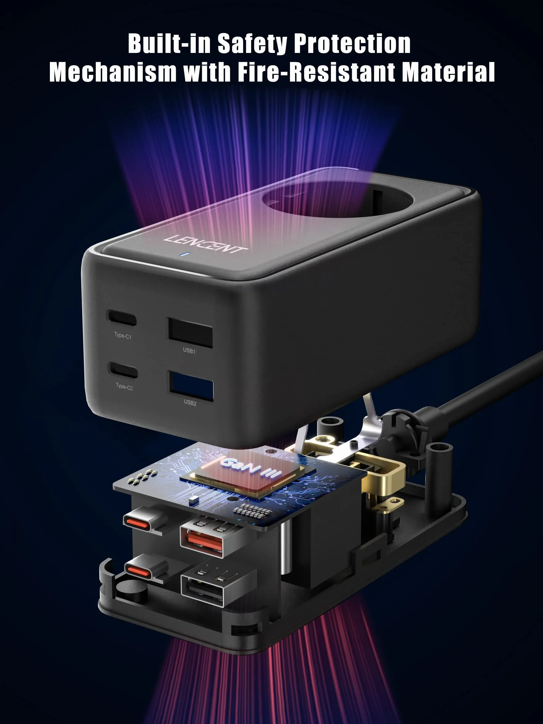 LENCENT 65W Listwa Zasilająca z GaN III Tech, Gniazdko z Przełącznikiem | USB Szybkie ładowanie Gniazdami z 1 AC + 4 USB (2 PD USB-C + 2 USB-A), 5 w 1 Wielokrotna Wtyczka 1.5M Kablem, Czarny