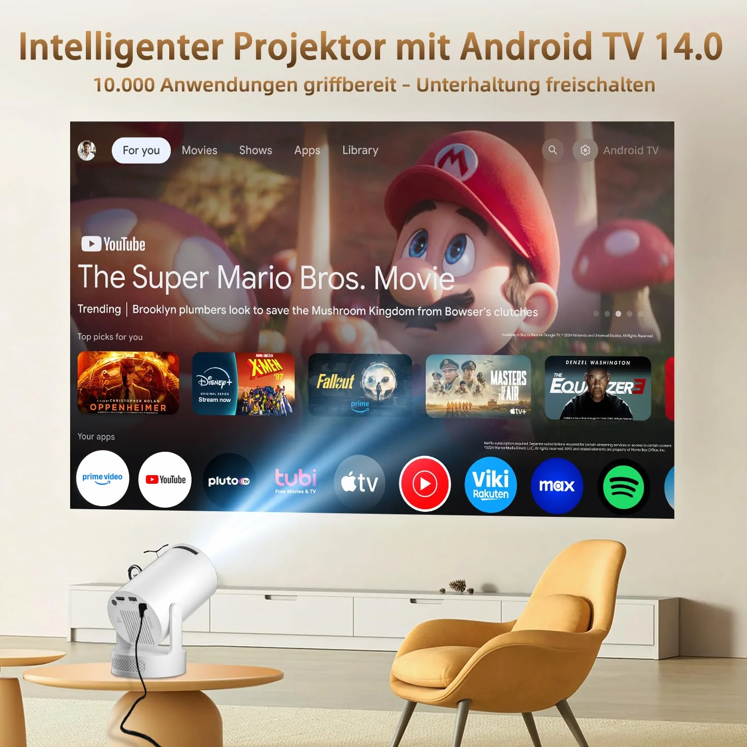Mini projektor 4K, automatyczna korekcja trapezu z WiFi 6 BT, inteligentny projektor 4K FHD 1080p, obsługuje system Android 11.0, mały rzutnik, telefon komórkowy, obracany o 180°, kompatybilny z USB