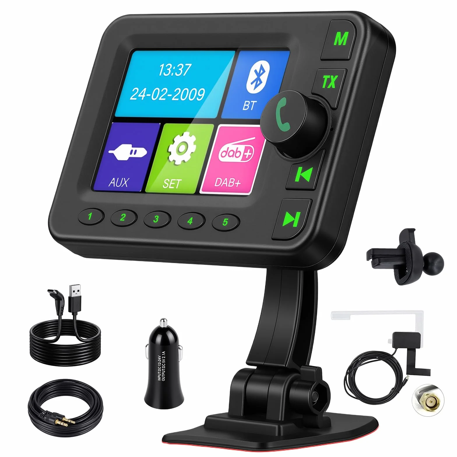 Inefala DAB+ adapter do radia samochodowego, kolorowy ekran LCD 2,8 cala z zestawem głośnomówiącym Bluetooth, nadajnik Dab, nadajnik FM, wejście AUX, odtwarzanie muzyki z kart TF, ładowarka