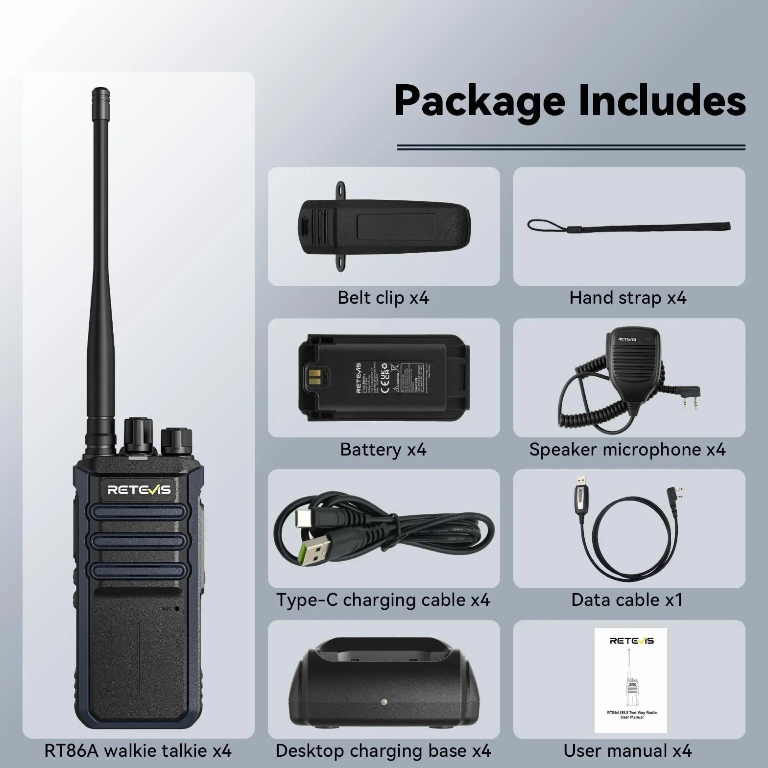 Retevis RT86A Walkie Talkie o Dużym zasięgu, Profesjonalne Radio Dwukierunkowe dla Dorosłych, 2500mAh, Wysokiej Mocy Przenośne Radio do Rozmów Grupowych, Budownictwo, Logistyka i Transport (4 szt.)