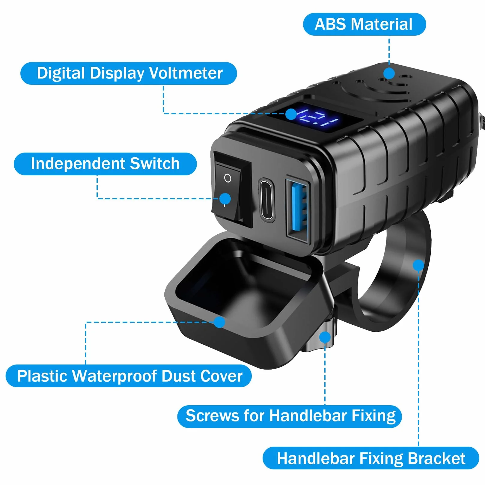 Idota Motocyklowe gniazdo USB Multi kabel USB adapter szybkozłączki | Wodoszczelna ładowarka z włącznikiem/wyłącznikiem i funkcją Quick Charge typu C do motocykli i kamperów