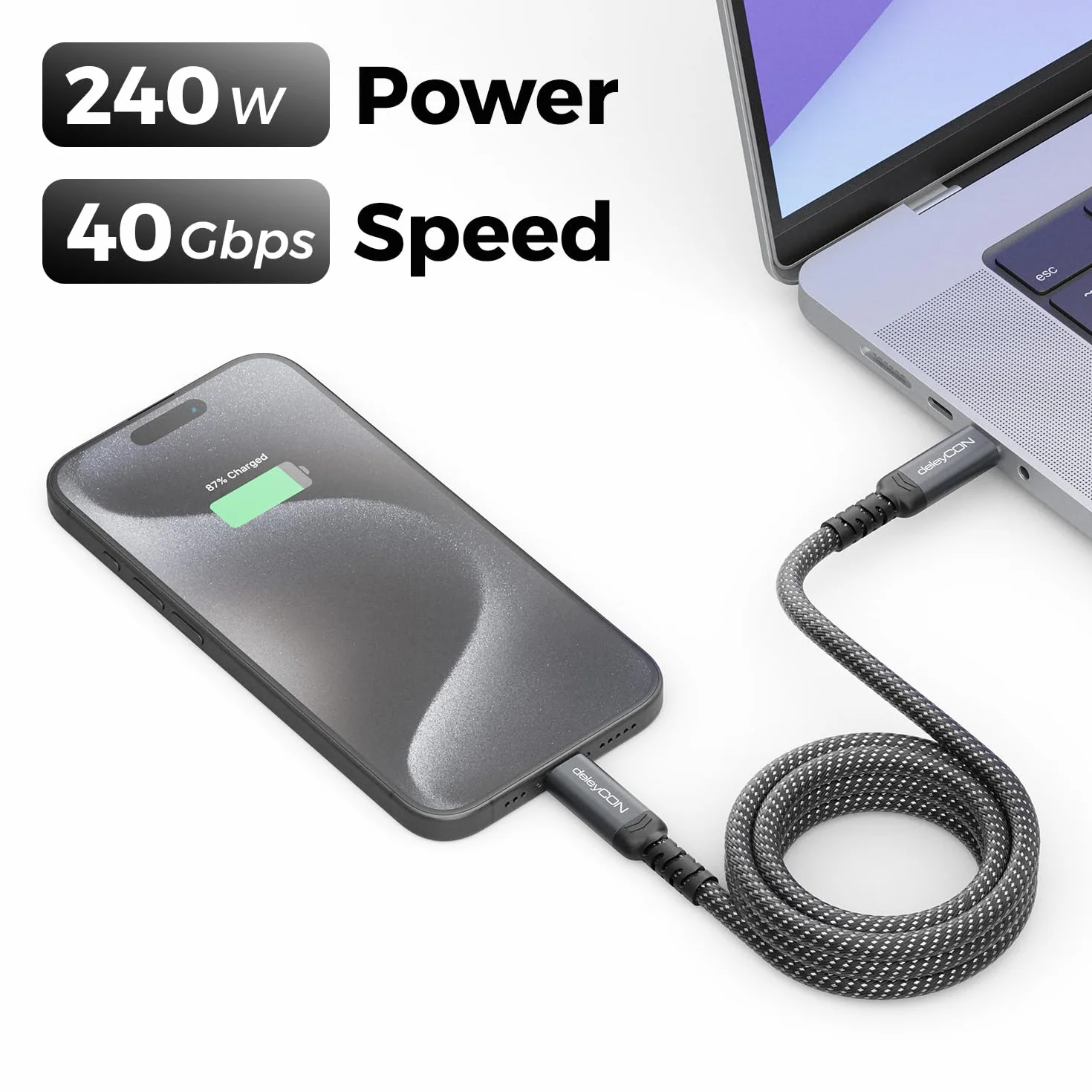 deleyCON 1,5m Kabel USB-C 40 Gbps 240 W USB 4.0 - Kabel ładujący i Danych, DP Alt Mode, 8K@60Hz do Laptopa, MacBooka, Monitora, SSD, iPada, iPhone 17 16 Air Max Pro, Galaxy S25 Itd.
