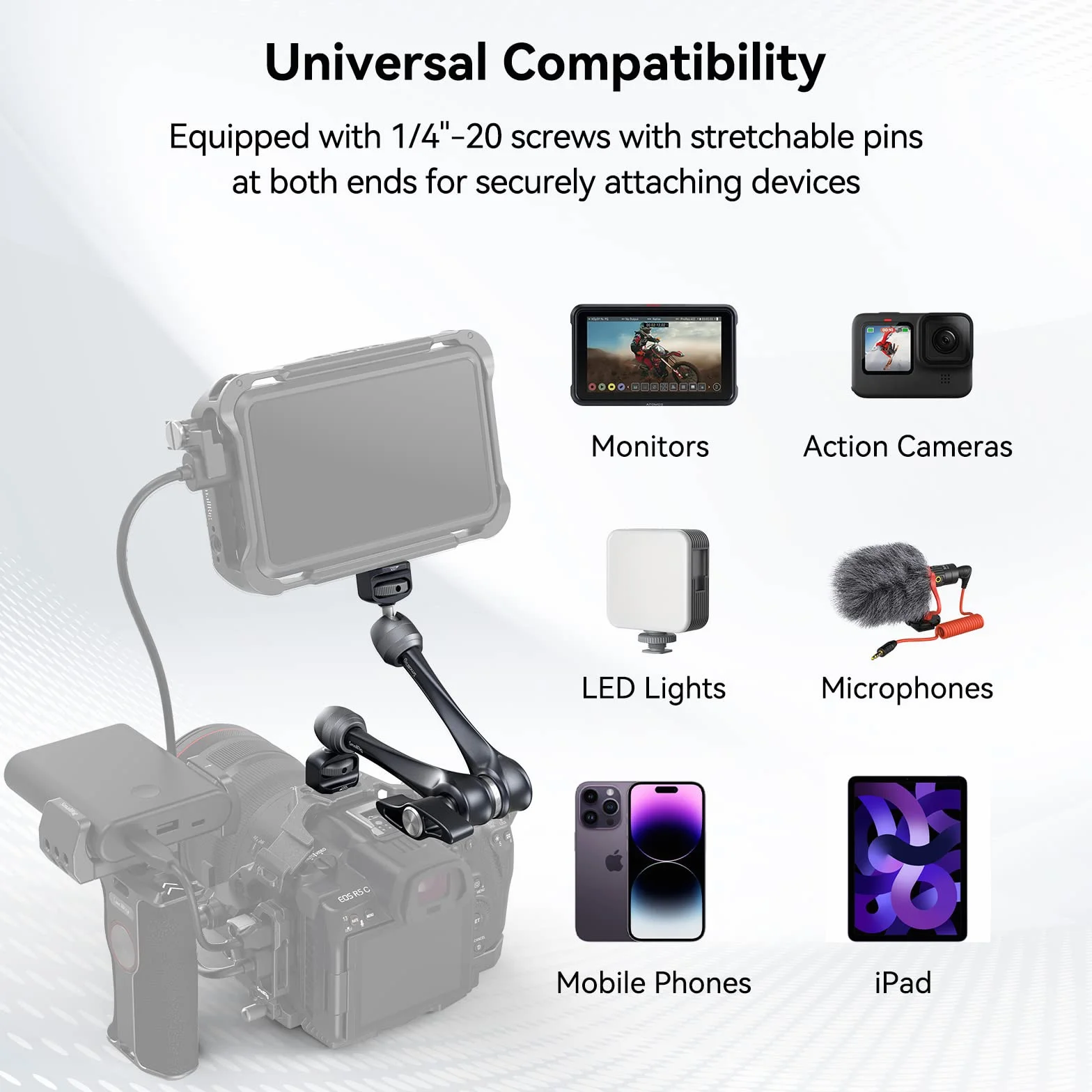 SMALLRIG Rosette Magic Arm 11 cali z głowicą kulową, śrubami 1/4"-20 i kołkami zabezpieczającymi przed przekręceniem, do iPadów/monitorów/świateł LED/smartfonów/kamer sportowych - 3959