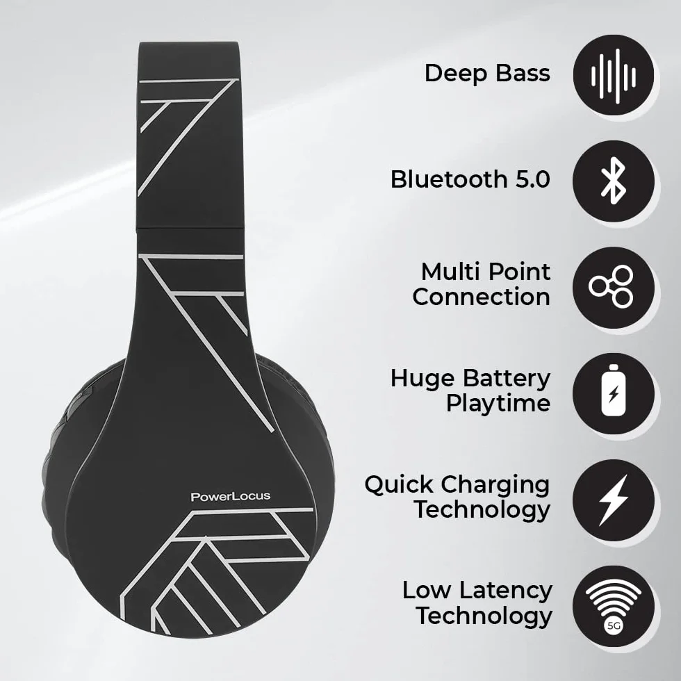 PowerLocus Słuchawki nauszne Bluetooth, bezprzewodowe słuchawki z mikrofonem, składane, miękkie nauszniki z pianki z pamięcią kształtu i lekkie, Micro SD/TF, radio FM do