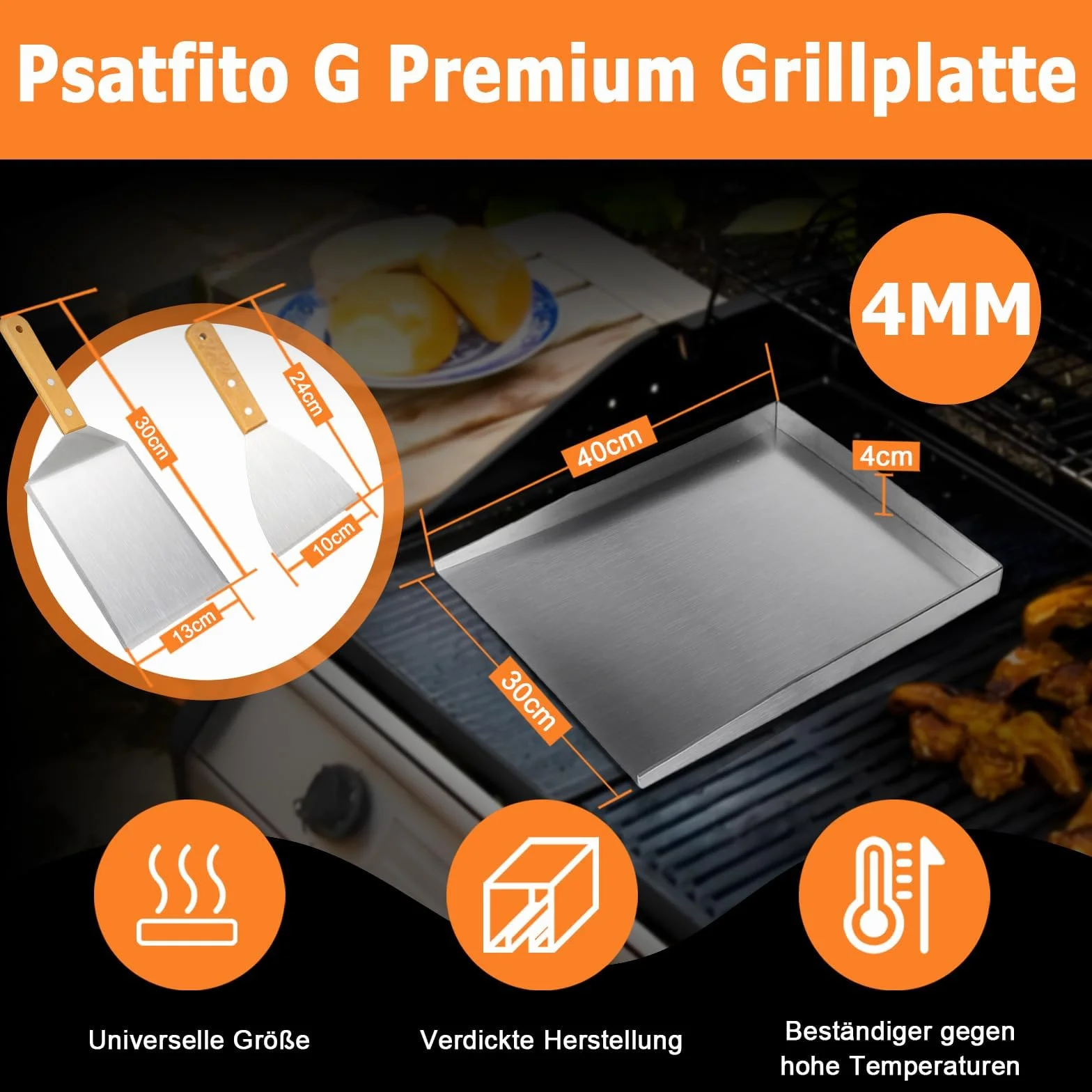 Płyta grillowa Plancha 4 mm, 30 × 40 cm, szczelna konstrukcja grilla Plancha. Wyposażony w 2 grube łopatki do grillowania. Płyty grillowe Plancha na uroczystości rodzinne, idealnie nadają się do