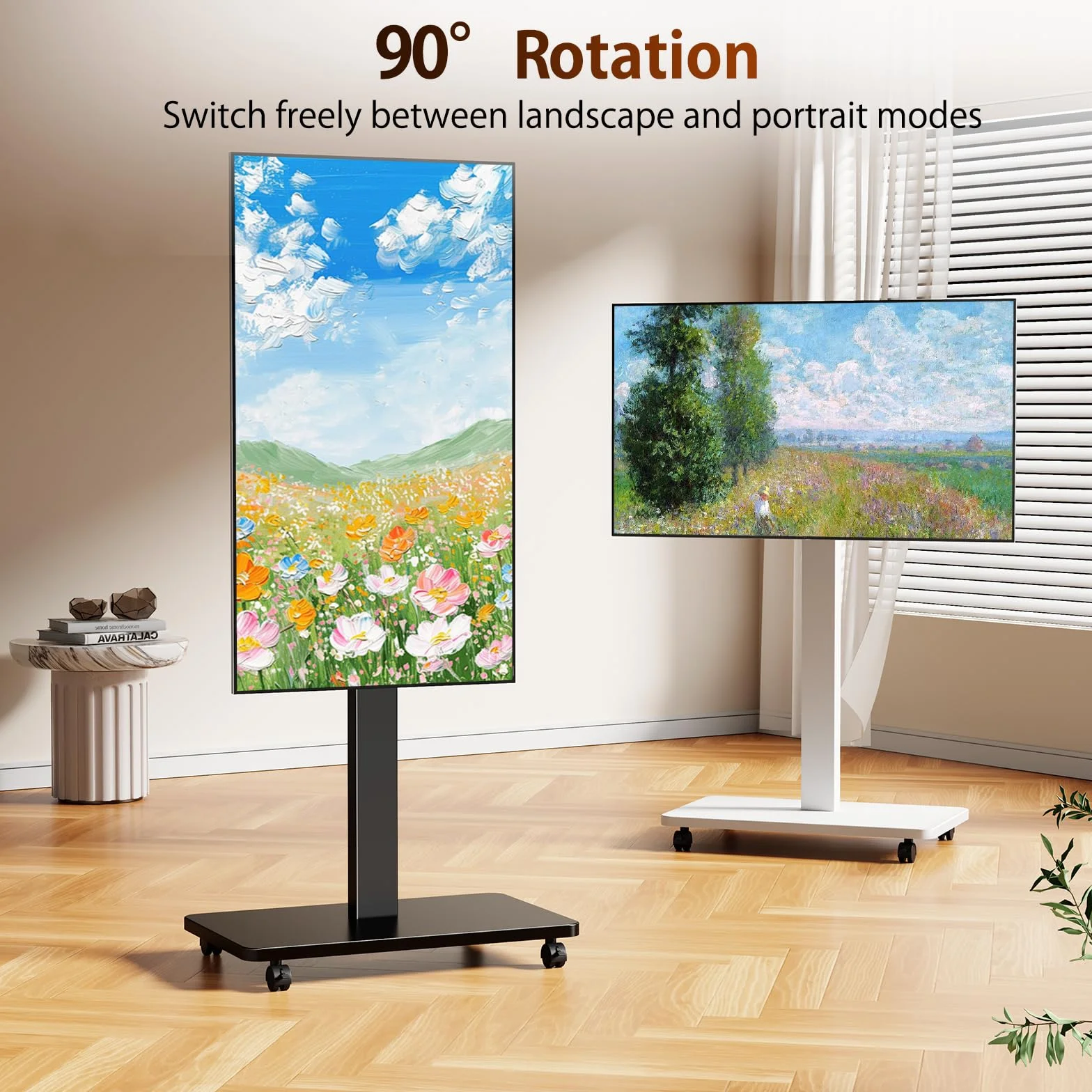 Wózek na kółkach do telewizorów plazmowych LCD LED OLED, z regulacją wysokości, stojący wózek pod telewizor z obrotem panelu o 90°, mobilny stojak na telewizor na kółkach, nośność 30 kg, maks. VESA