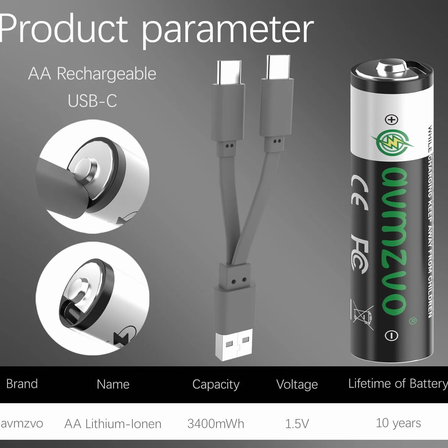Akumulatory AA, 3400 mWh, baterie LR6 USB-C litowe z kablem do ładowania USB-C 2 w 1, 1,5 V, szybkie ładowanie przez 2-3 godziny, 8 sztuk
