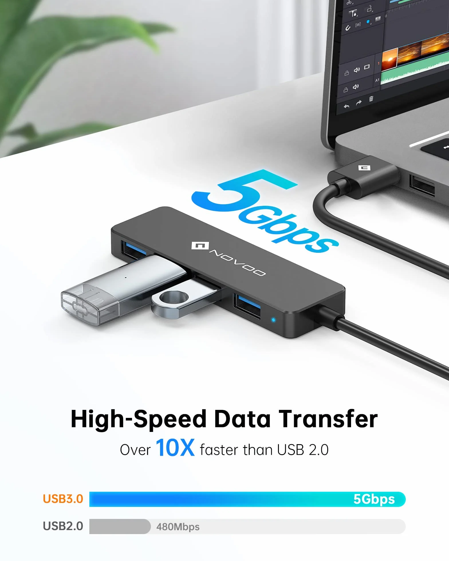 NOVOO USB C Hub 4-porty USB 3.0, Transfer danych 5 Gbit/s, Port zasilania USB 5 V/2 A, 60cm przedłużony kabel, Hub USB dla MacBooka, Laptop, mobilny dysk twardy