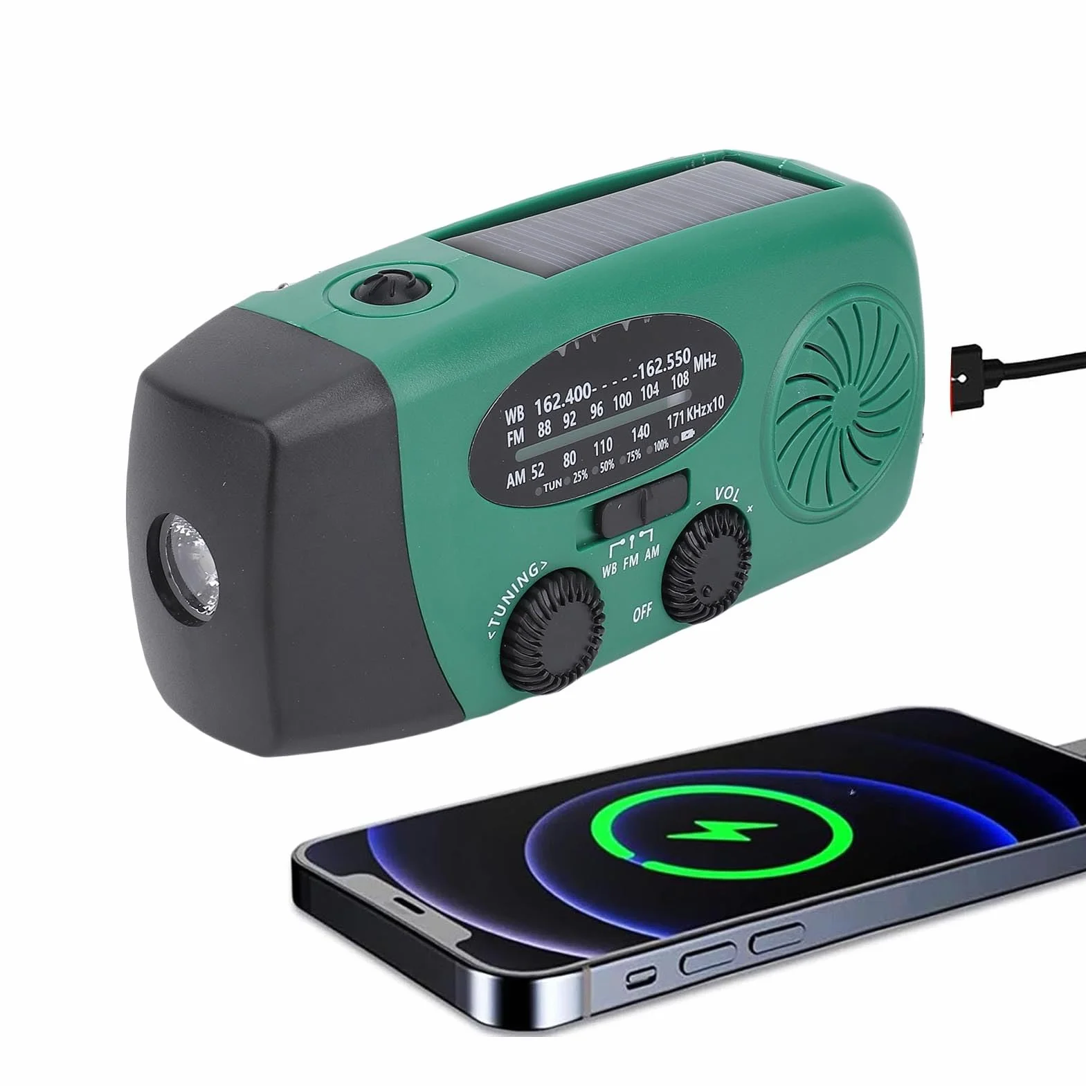Radio Awaryjne z korbką ręczną Zasilane energią słoneczną, Radio z korbką ręczną i latarką LED do zastosowań Awaryjnych z ładowarką do Telefonu Power Bank o Pojemności 2000 MAh, (GREEN)