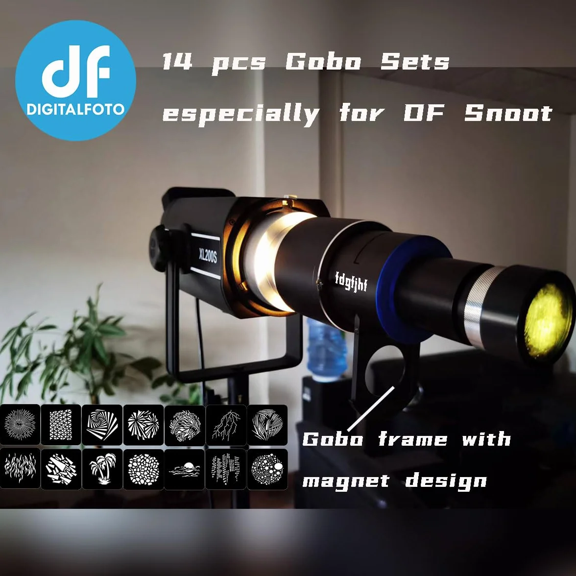 Gobos zestaw do projektora DF DIGITALFOTO Optical Snoot Bowens, 14 sztuk kart graficznych ze stali nierdzewnej GOBO do projektora GOBO Bowens